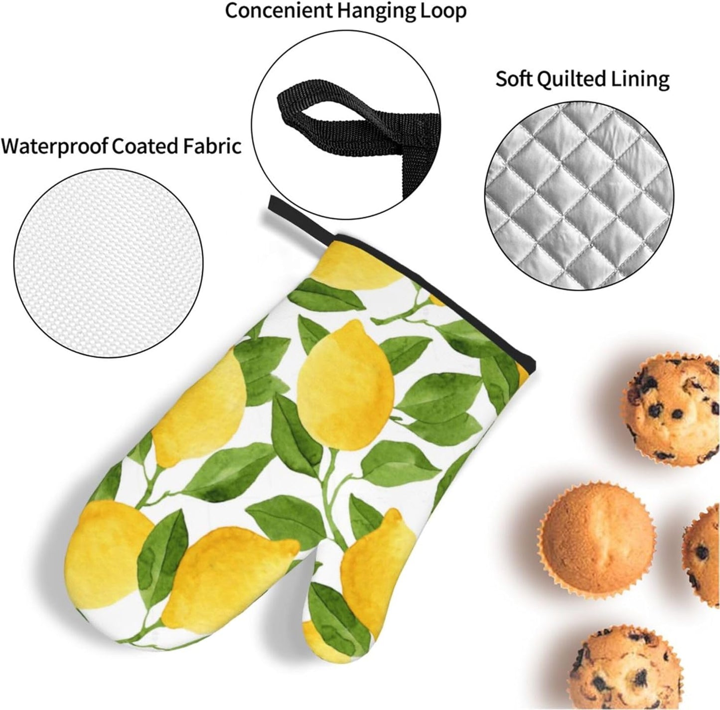 Bright Yellow Lemons Oven Mitts and Pot Holders Sets of 4,Resistant Hot Pads with Polyester Non-Slip BBQ Gloves for Kitchen,Cooking,Baking,Grilling