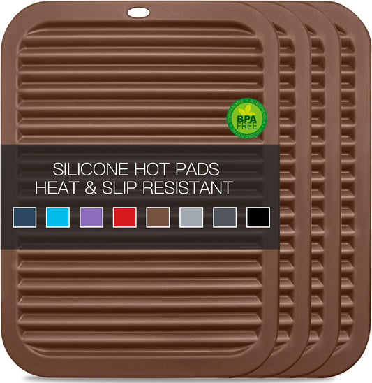 4 Pack Silicone Trivets for Hot Dishes Large 446°F Heat Resistant Pot Holder Hot Pads for Kitchen 9'' x 12' Brown Silicone Trivet Mat for Hot Pots and Pans, Jar Opener, Drying Mat