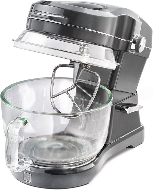 Kenmore 500W Oviation Stand Mixer - 10 Speed Mixing, Tilt-Head, Handheld Glass Bowl With Pouring Top Splash Guard, Flat Beater, Whisk, Dough Hook Attachments Countertop Kitchen Appliance, 5QT Grey