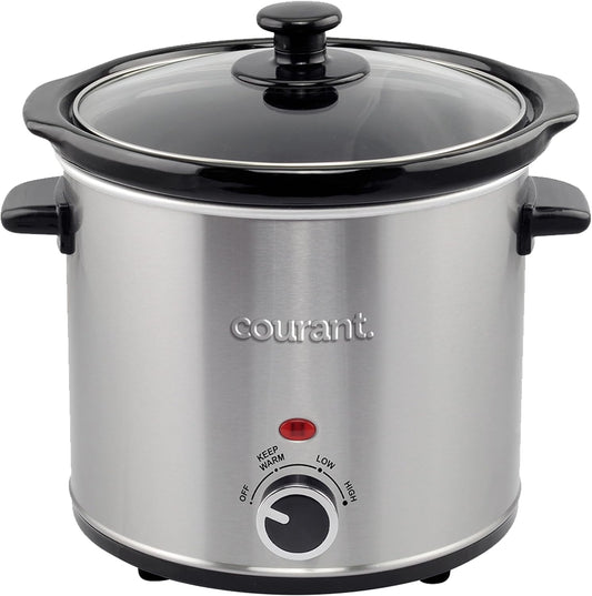 Courant Slow Cooker 3.2 Quart - Stainless Steel, Removable Ceramic Insert & Glass Lid With Three Temperature Settings