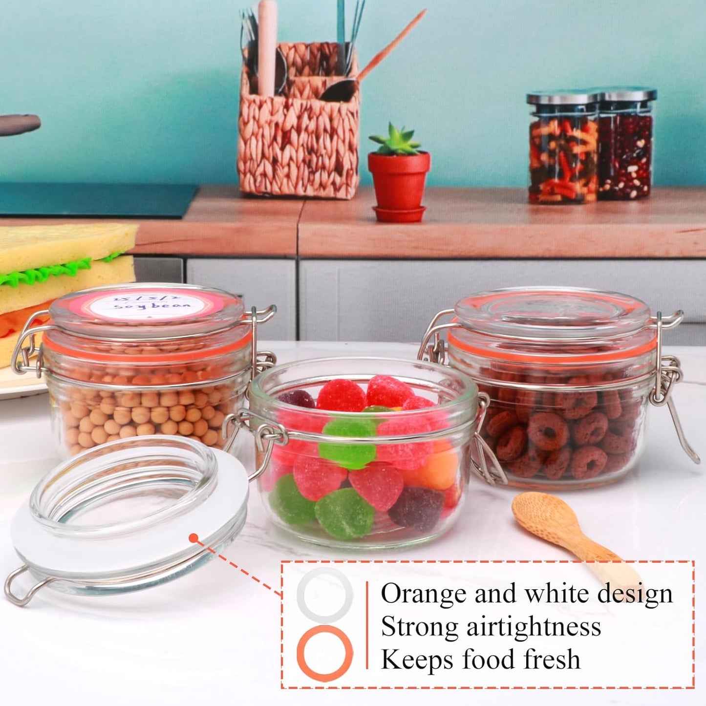 5 oz Glass Jars with Airtight Lid,Small Leak Proof Rubber Gasket Glass Canisters,Glass Food Storage Container for Kitchen,Jam,Spice, Cereal, Beans,Cookies
