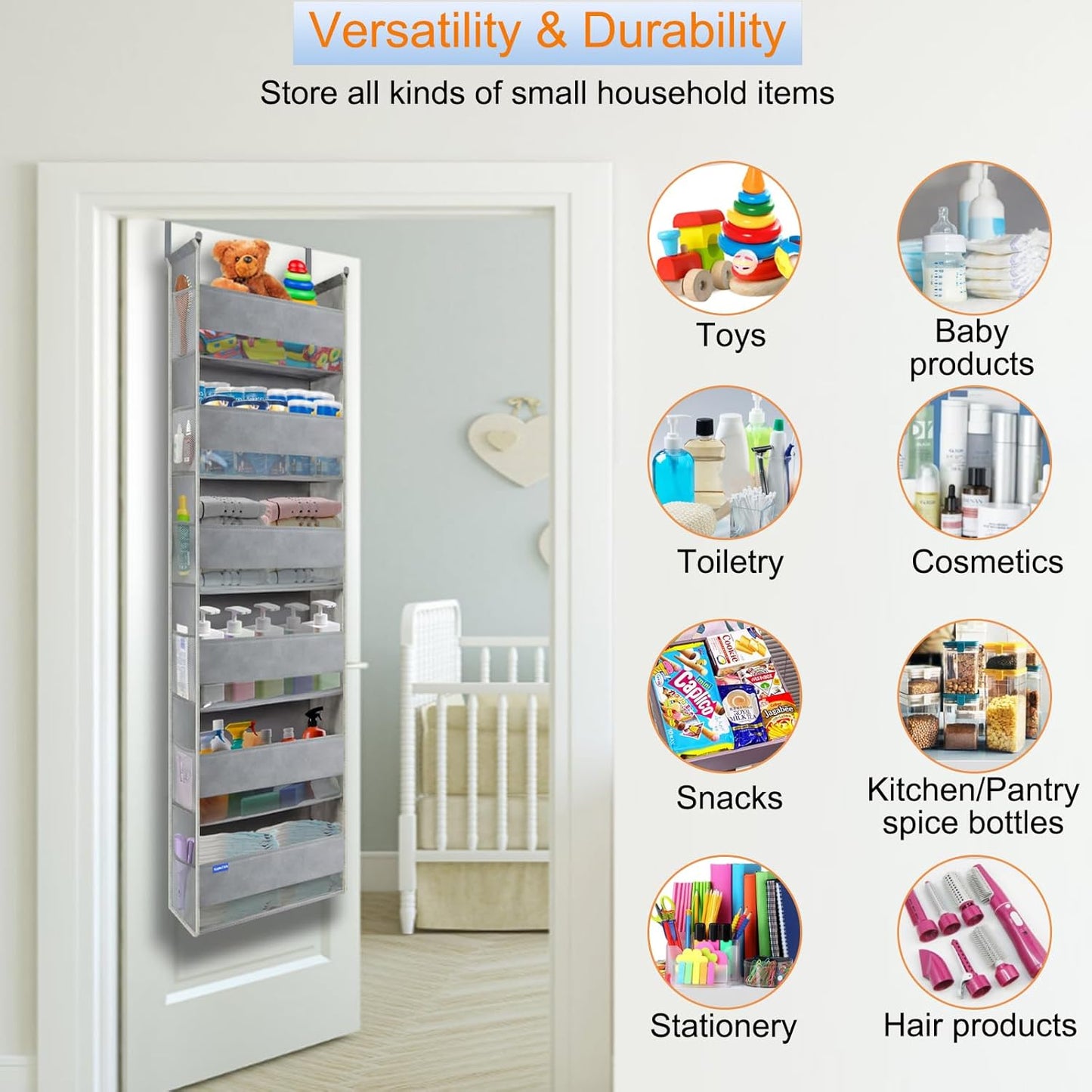 Extra Large Over The Door Organizer Storage 6-Shelves and 12 Side Pockets, Heavy Duty Hanging Door Organizer for Closet Bathroom Bedroom Nursery Pantry, Grey