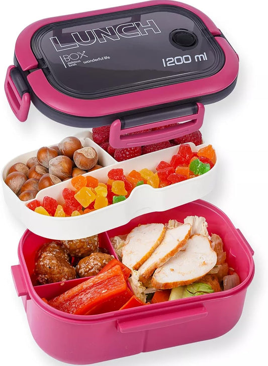 Bento Box Adult, Lunch Box for Men and Women, 1200ML Leak-proof Double-layered with Handle Lunchbox, Reusable BPA-Free Lunch Container, Microwave/Dishwasher Safe, Snack Box with Cutlery Set, Pink