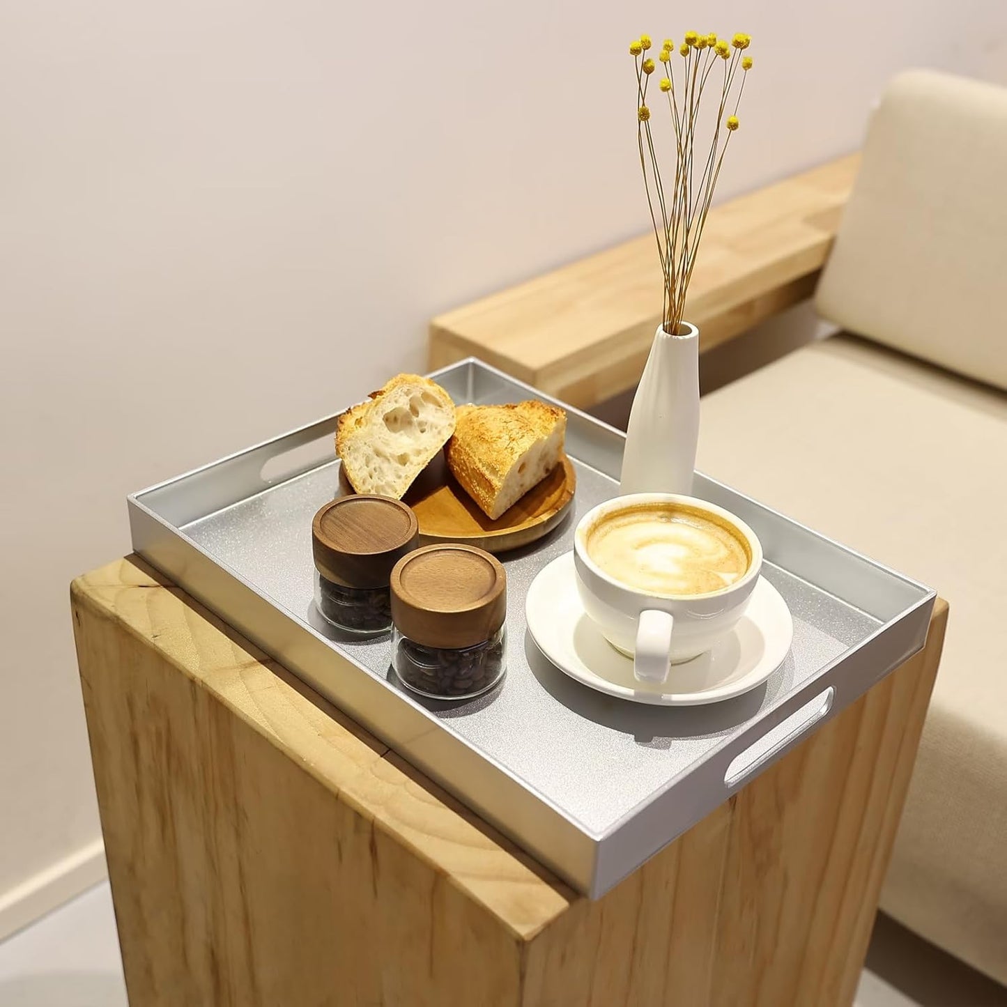 Spsyrine Silver Plastic Serving Tray for Ottoman, Coffee Table, Rectangle Decorative Tray for Entertaining, Outdoor, Living Room, Home Decor