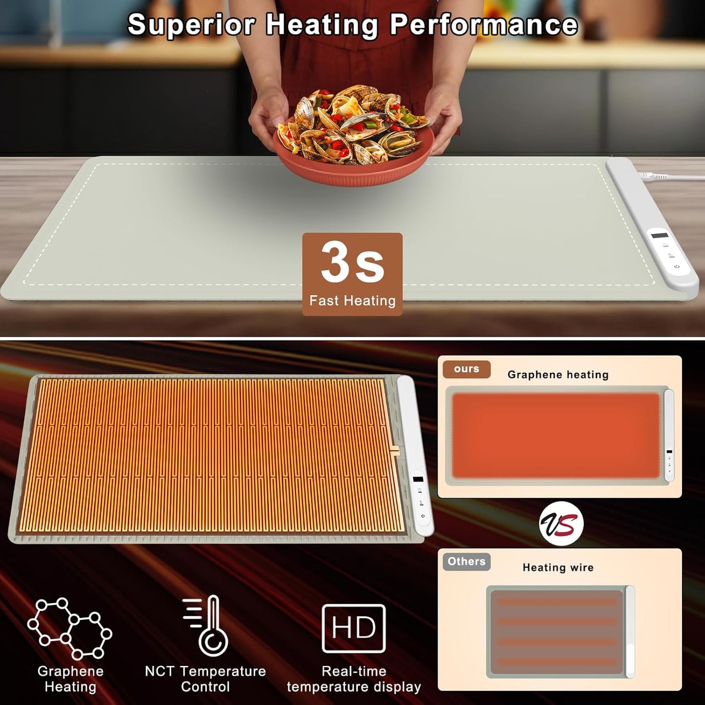 FYY Extra Large Food Warming Mat - Electric Warming Tray with 6 Temperature Settings and 6 Hours Timer, Full Surface Heating Food Warmer, Premium Silicone Heating Tray for Gatherings, Parties, Khaki