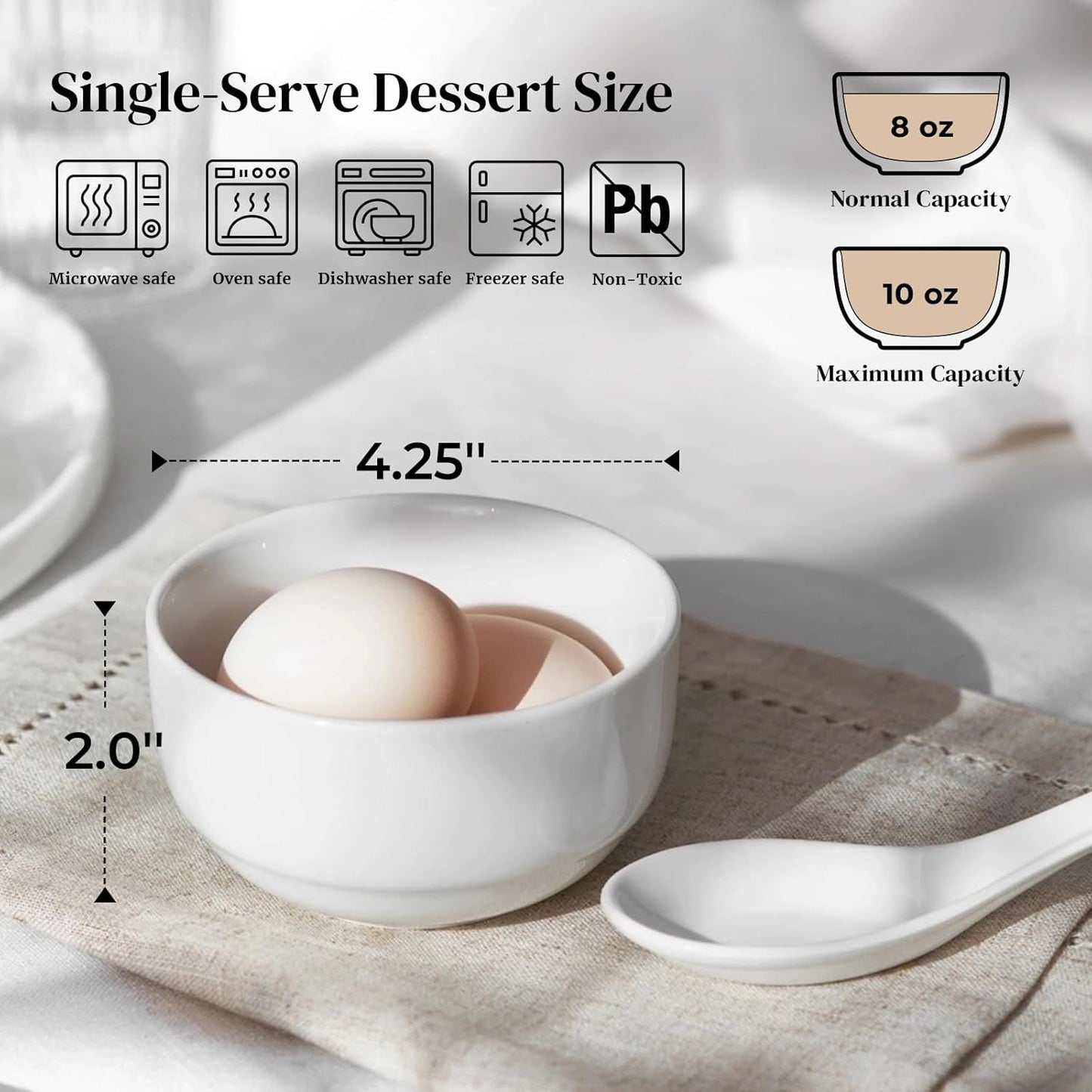 DOWAN 10 OZ Ice Cream Bowls - 4.25" Ceramic Dessert Bowl Set of 6 - Porcelain Small Bowls, Bouillon Cups for Side Dishes, Ice Cream, Oatmeal, Fruit, Portion Control - Dishwasher Microwave Safe