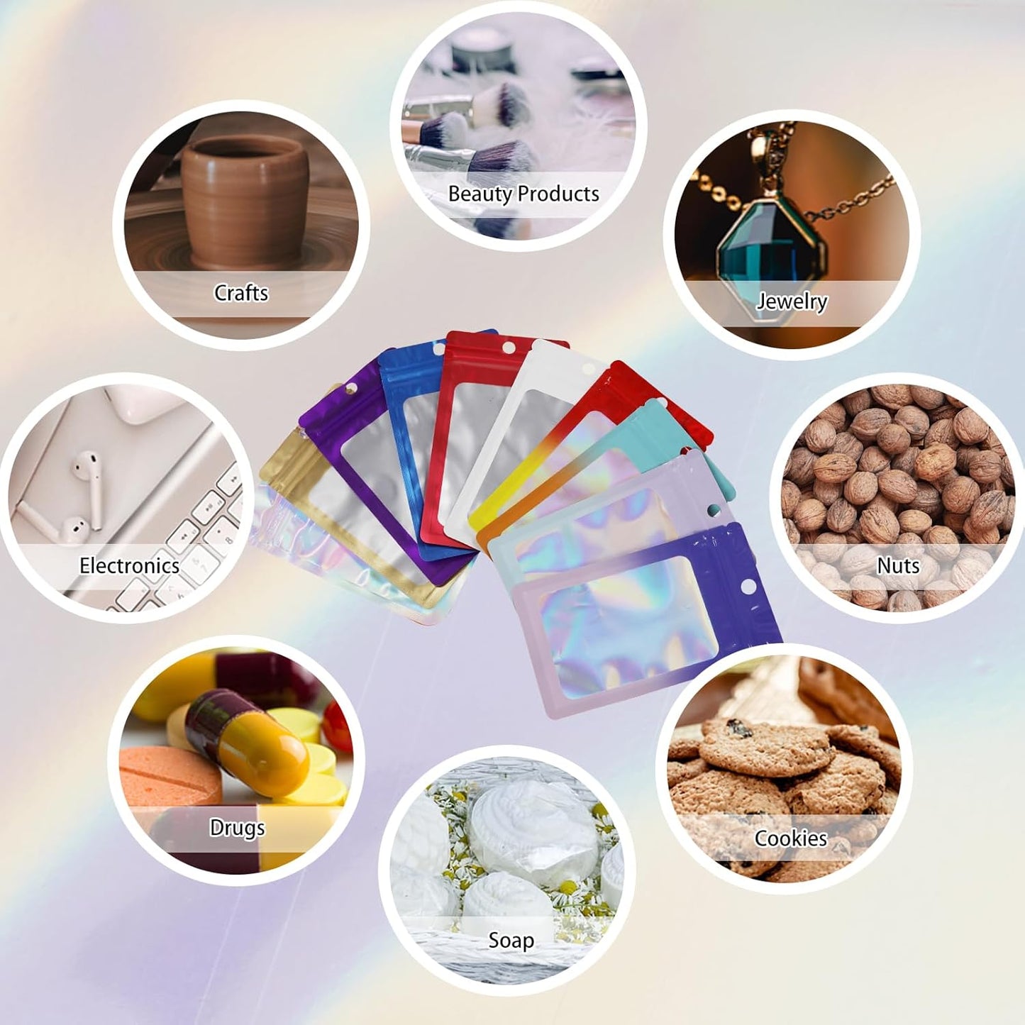 200 Pack Resealable Mylar Holographic Bags Food Storage Smell Proof Bags with Front Window Foil Packaging Pouch for Candy Sample Jewelry Small Business 3.15×5.51 Inch, White