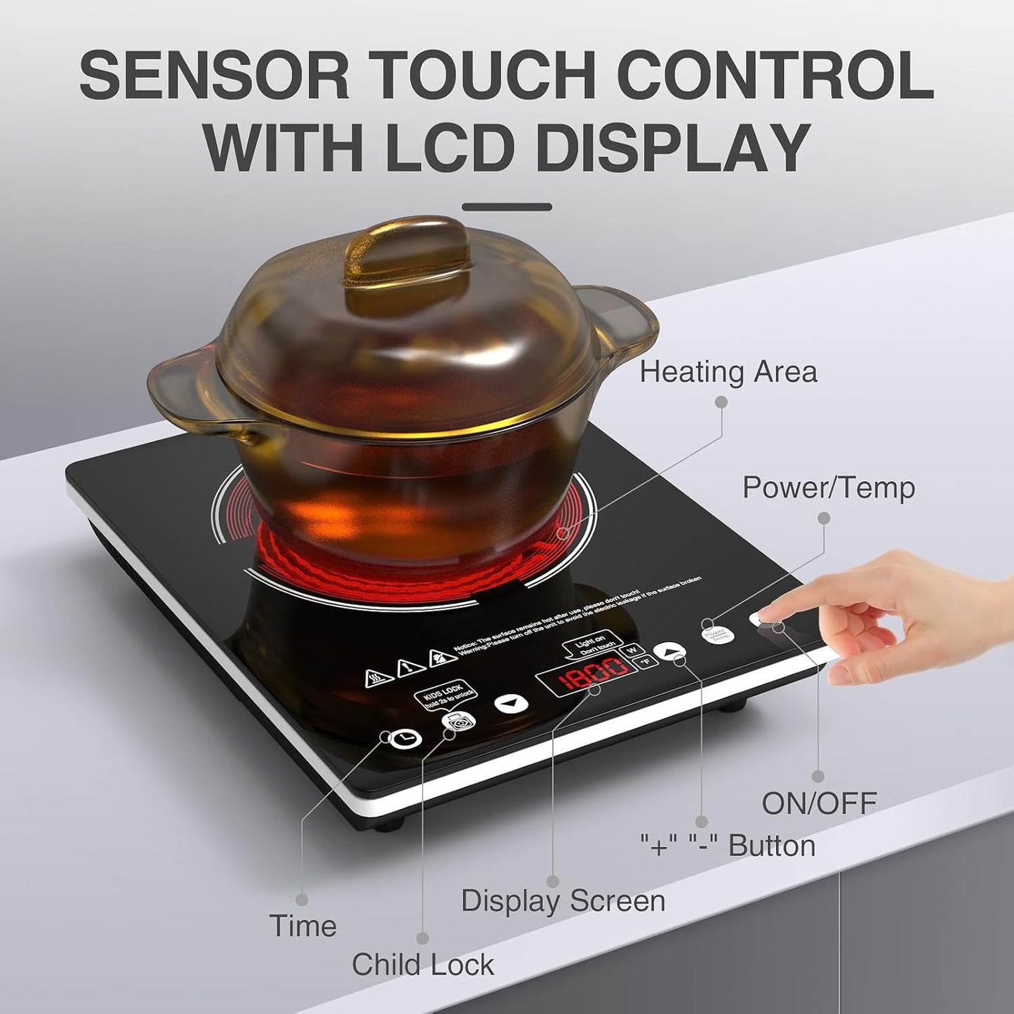 Single Burner Electric Cooktop 1800W - 110V Electric Stove Top Burner Portable Stove with Touch Control 9 Power Level - Induction Cooktop with Child Safety Lock Timer for Home Camping