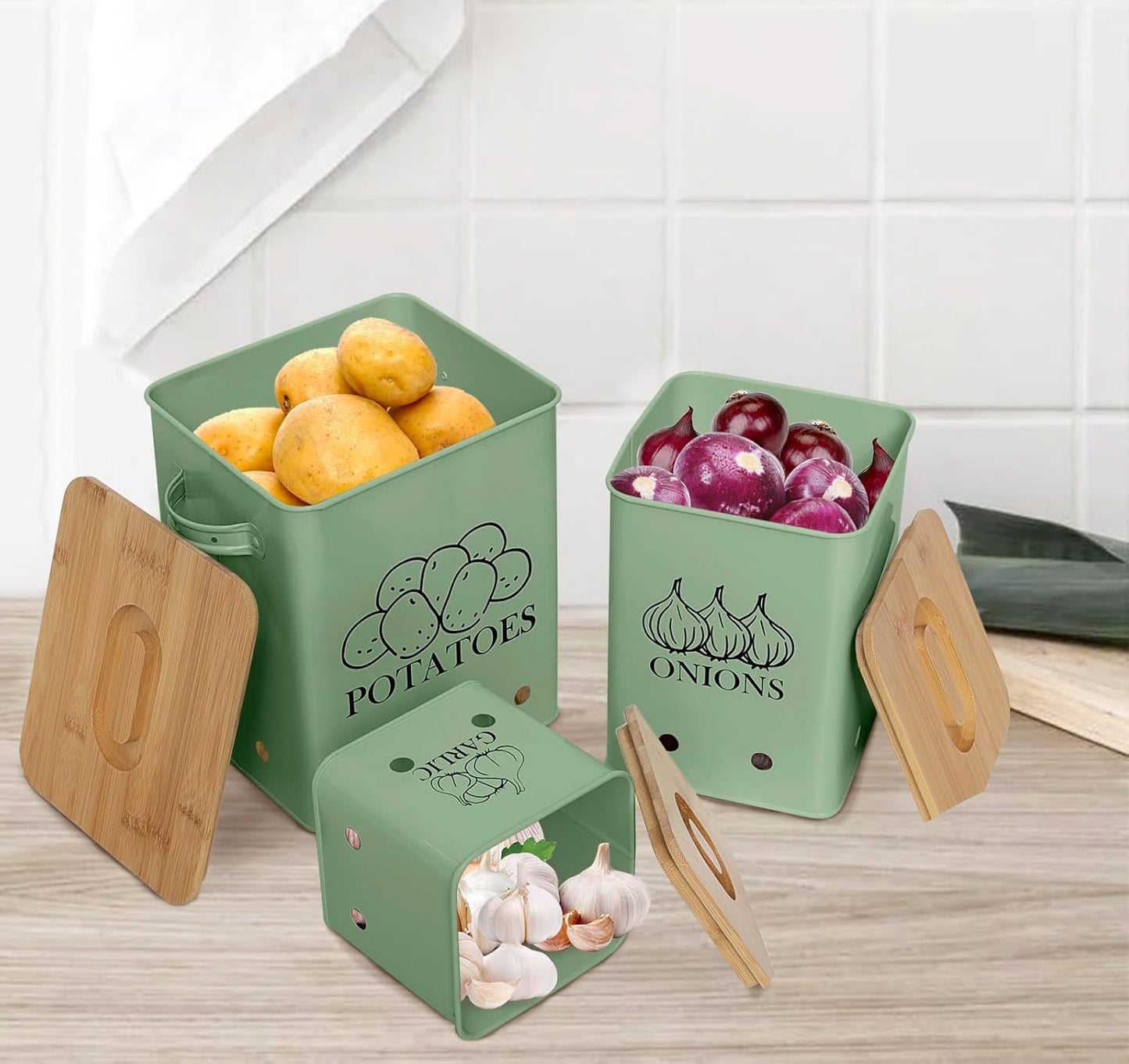 Kitchen Canisters Set, Storage Bin for Potato Onion & Garlic, 3 Pack Set Countertop Pots Containers with Wooden Lid - Potato Storage, Garlic Bin, Onion Keeper Tin with Aerating Holes-Green