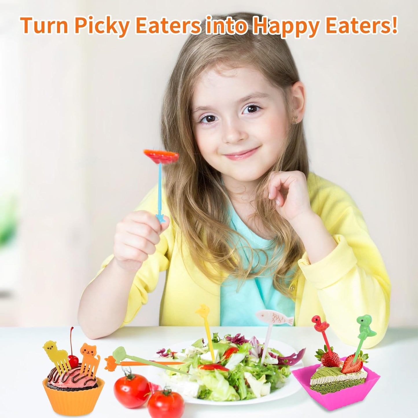 60PCS Silicone Lunch Box Dividers, Heavy-Duty Silicone Cupcake Liners for Muffin Cups, Reusable Kids' Lunch/Bento Box Accessories Set with Animal Forks, Food-Grade, BPA Free(20 Liners + 40 Picks)