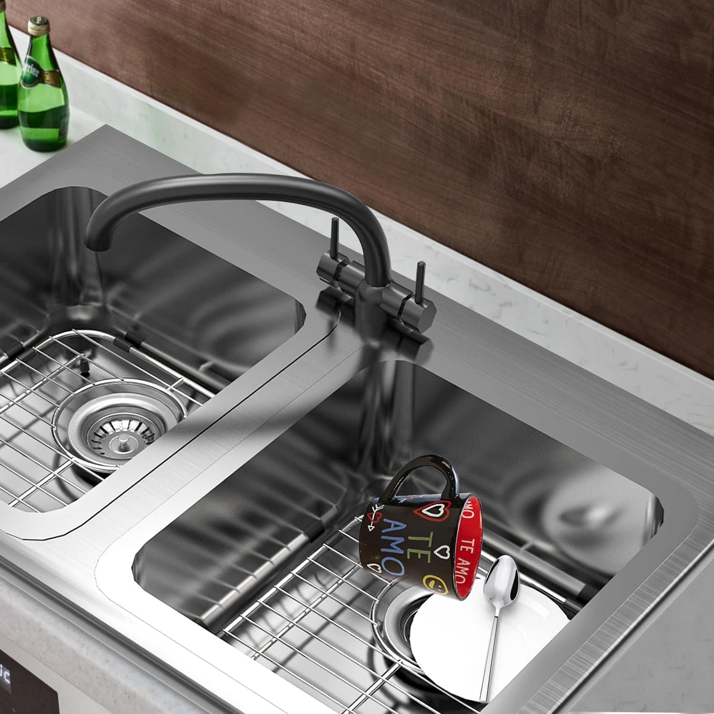 Bottom of Sink Protector Rack, Stainless Steel 13.2"x11.6" Sink Grid Dish Drying Rack Grate with Rear Drain Hole 2 Packs