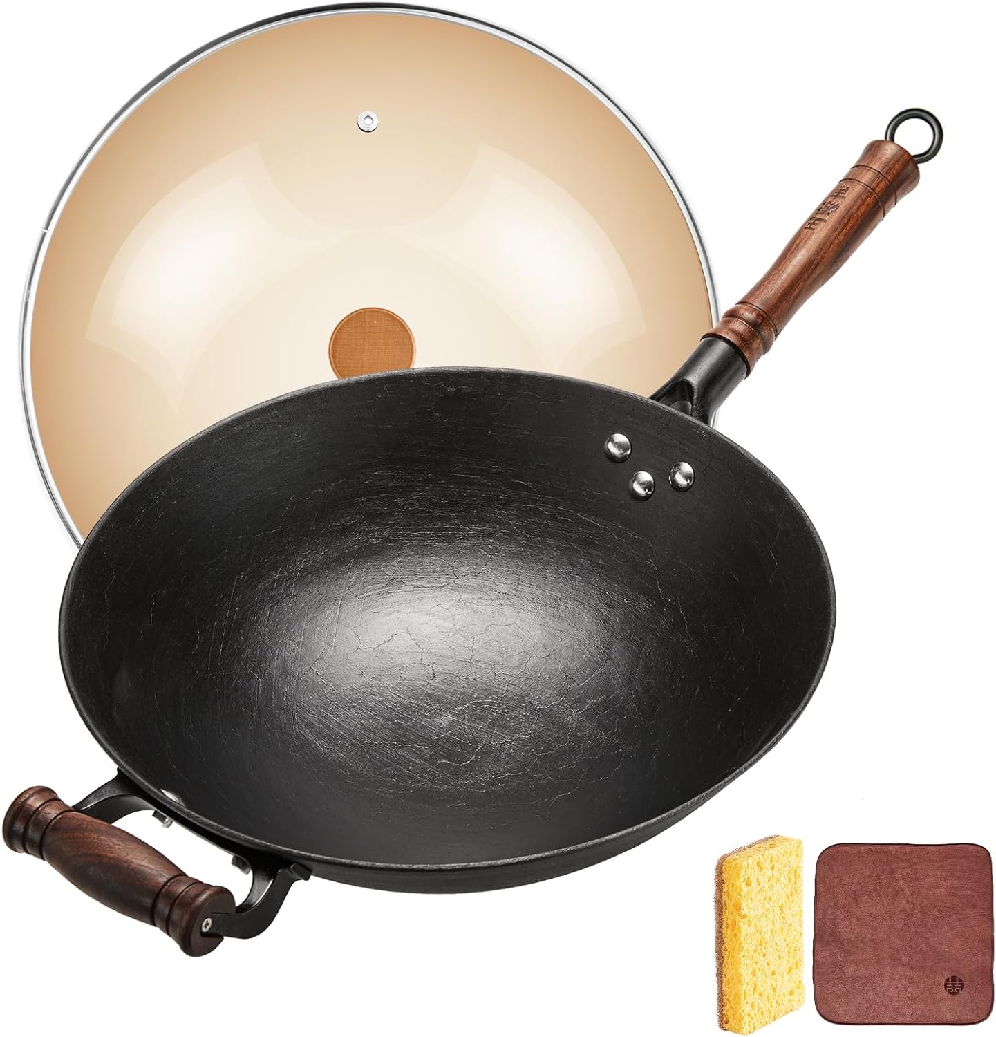 WANGYUANJI 12.6-Inch Cast Iron Chinese Wok with Round Bottom & Glass Lid - Traditional Ancient Wok for Gas Stove and Open Flame Cooking