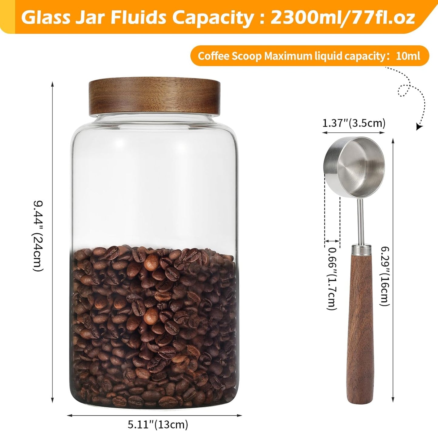 Large Glass Coffee Jars with Spoon,Round Storage Canister with Wooden Lid Clear Glass Food Jar for Pantry Sugar Tea Coffee Bean Spice Nuts Cookies Bath Salts (2300ml/77oz)
