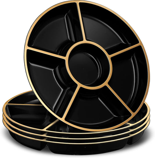 Plasticpro 6 Sectional Round Plastic Serving Tray/Platters Black & Gold Pack of 8