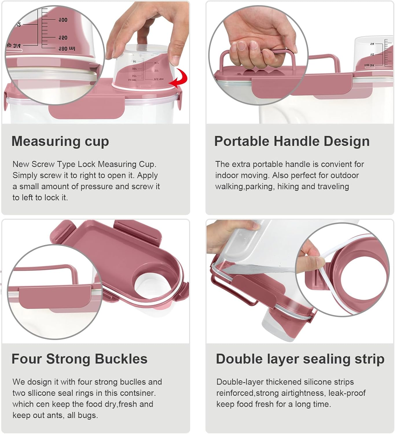 Rice Storage Container, Cereal Containers Storage, Dry Food Airtight Dispenser BPA Free, Clear Plastic Kitchen and Pantry Organization Bin (1, Rose pink, 5.28Qt)