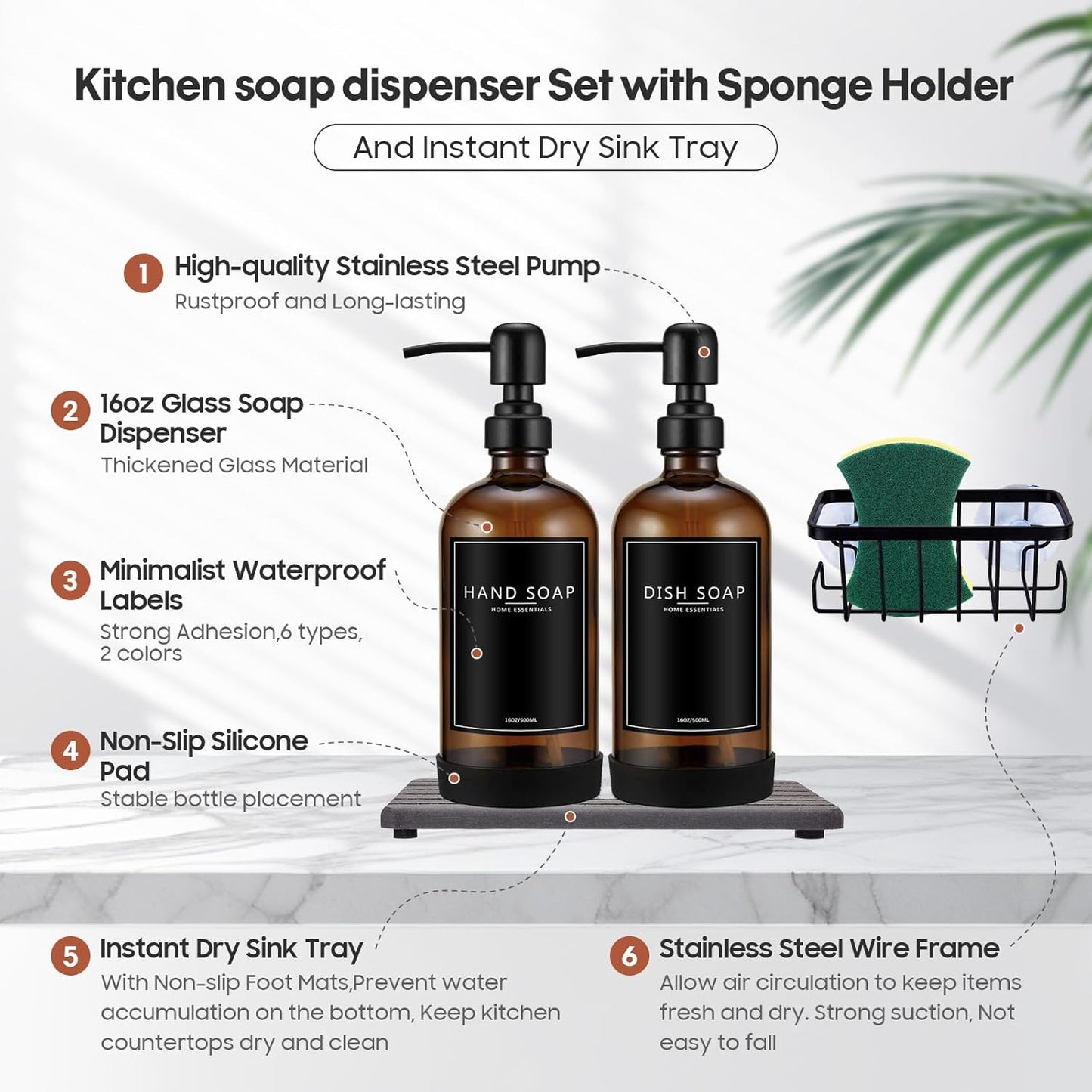 Kitchen Soap Dispenser Set with Instant Dry Tray & Sponge Holder,16 Oz Hand and Dish Soap Amber Glass Dispenser Set,Stainless Steel Pump,Waterproof Labels,Luxury Soap Bottle for Bathroom