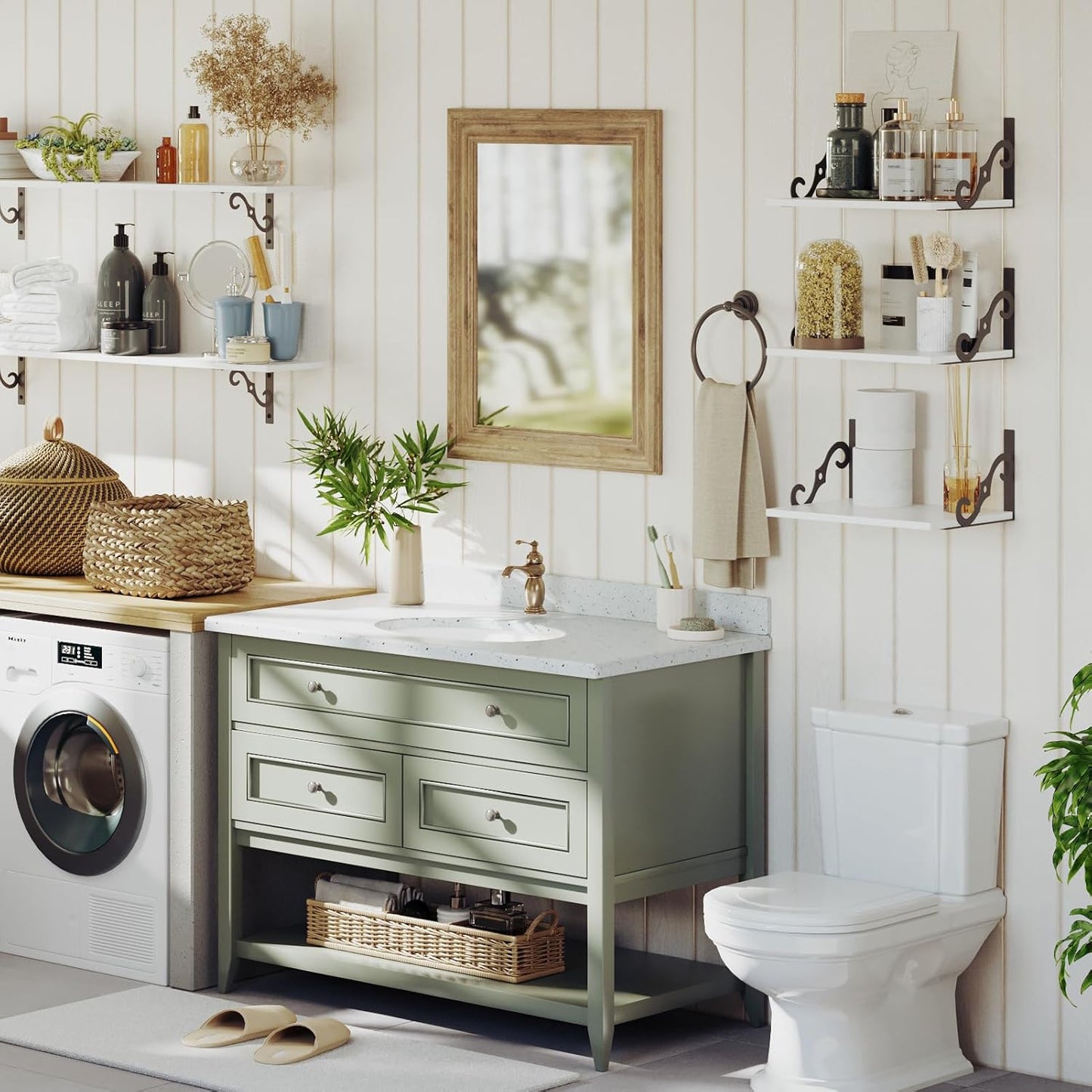 DINZI LVJ Deep Floating Shelves, 16" W x 12" D Wall Shelves Set of 2, Wide Display Shelf Wall Mounted with Brackets, Easy-to-Install Wall Bookshelf for Living Room, Bathroom, Bedroom, White