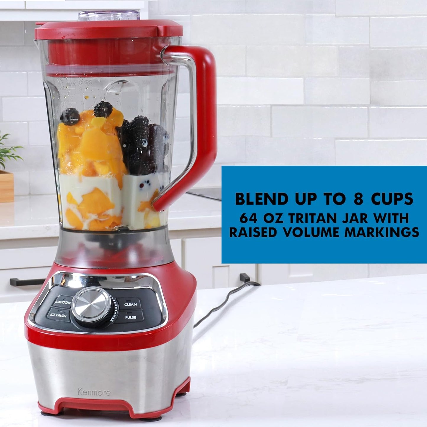 Kenmore Countertop Blender - Electric Mixer, Frozen Smoothie, Shakes, Milkshake, Puree Maker, Licuadora Grinder Kitchen Appliance With Ice Crush & Pulse Function, Dishwasher Safe Pitcher, Red
