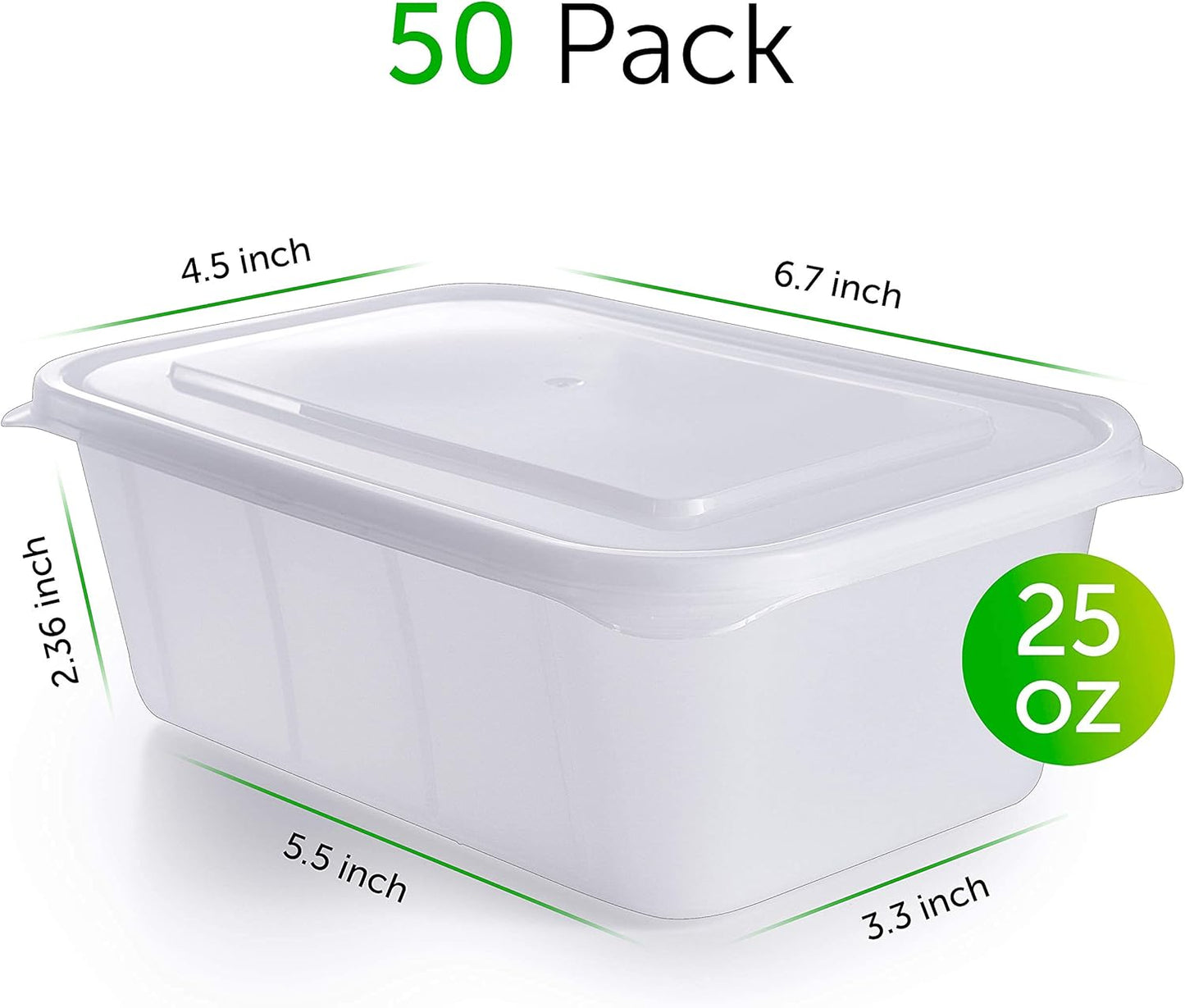 PrepNaturals 50 Pack Meal Prep Containers - 50 Pack of 25 Oz 100% BPA-free Plastic Food Storage Containers with Lids - Reusable Plastic Containers with Lids - Dishwasher Safe Lunch Containers