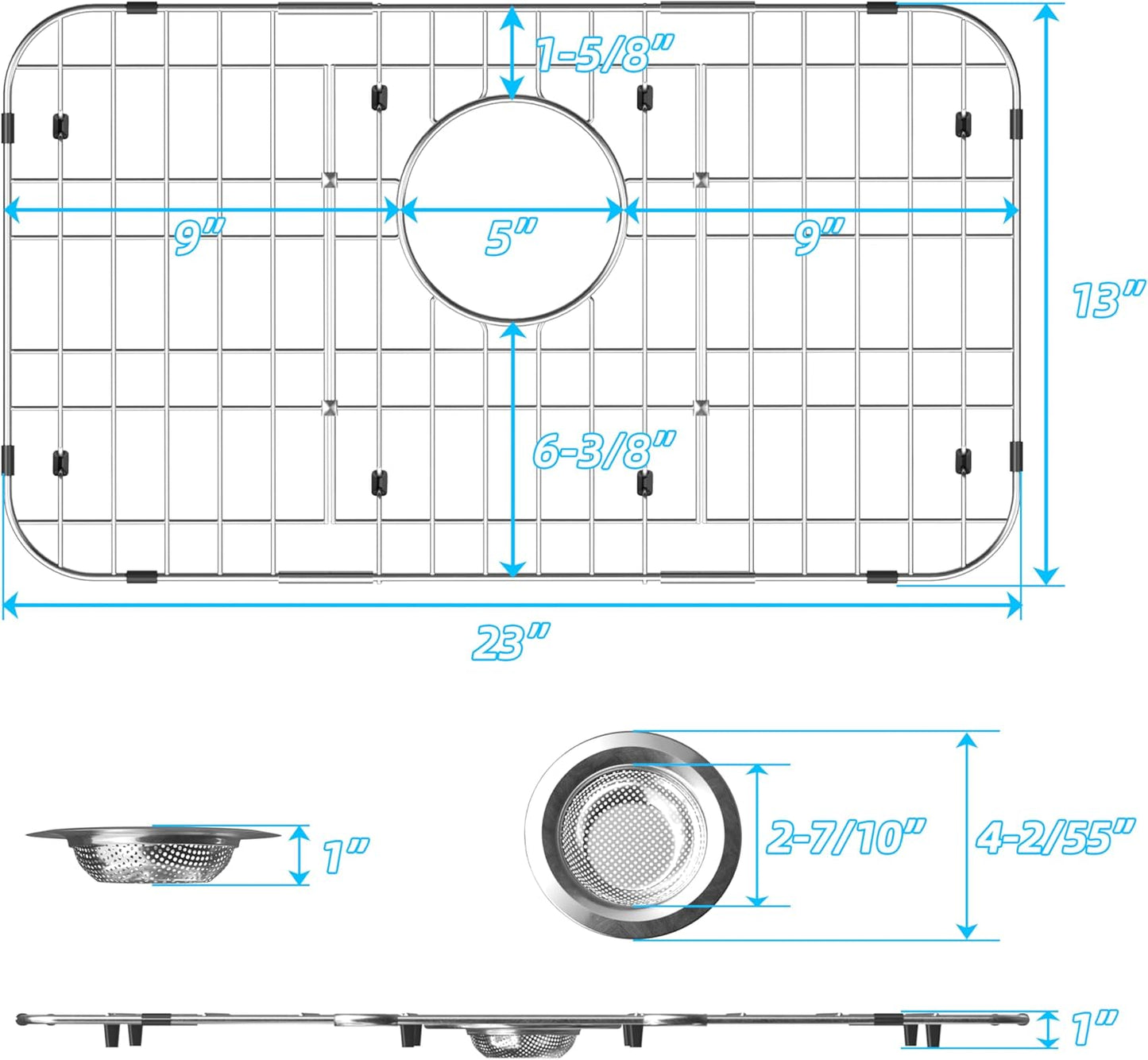 iPEGTOP Sink Bottom Grid, 3-Piece Stainless Steel Sink Protector 23" x 13" Rear Drain Hole with Corner Radius, Sink Grate Rack for Bottom of Kitchen Sink Single Bowl with Hole Cover
