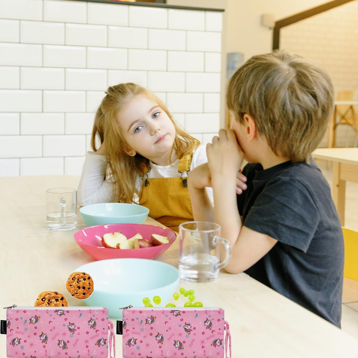 Reusable Sandwich Bag/Snack Bag for Kids & Adults, Dual Layer Lunch Bag with Handle, Washable, Food Safe, BPA Free (2-Pack, Unicorn)