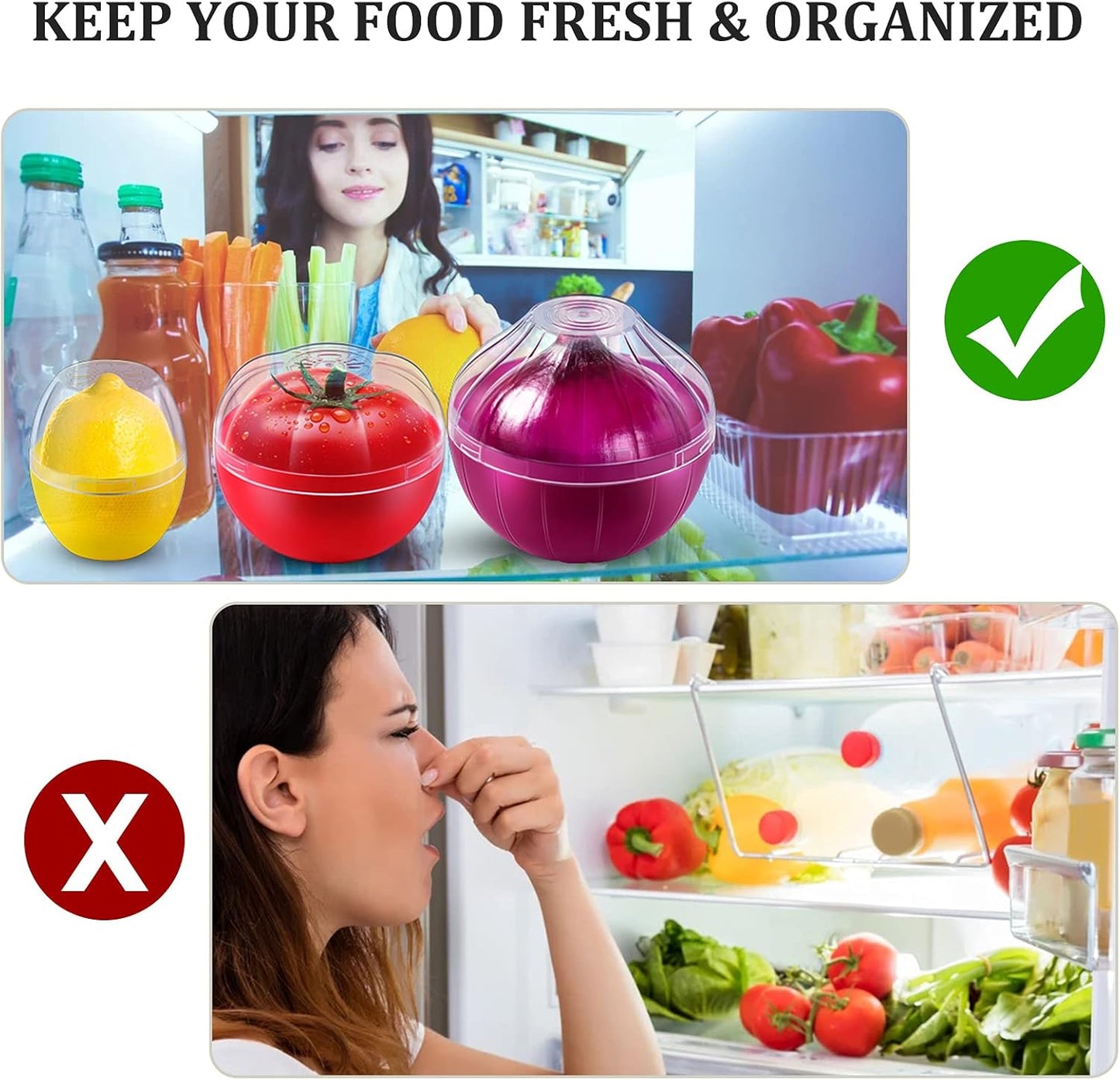 Vegetable and Fruit Storage Containers for Fridge, 4 Pcs BPA Free Reusable Food Saver - Tomato, Garlic, Onion, Lemon Keeper Holder - Refrigerator Vegetable Crisper Makes Food Stays Fresh Longer