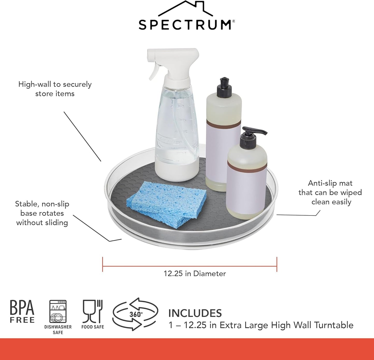 Spectrum XL Lazy Susan Organizer 12.25 in for Large Cabinet Fridge Pantry Table Shelf Bath Kitchen Organization, Charcoal Gray Extra Large Rotating Turntable Storage for Condiments Spice Bottles