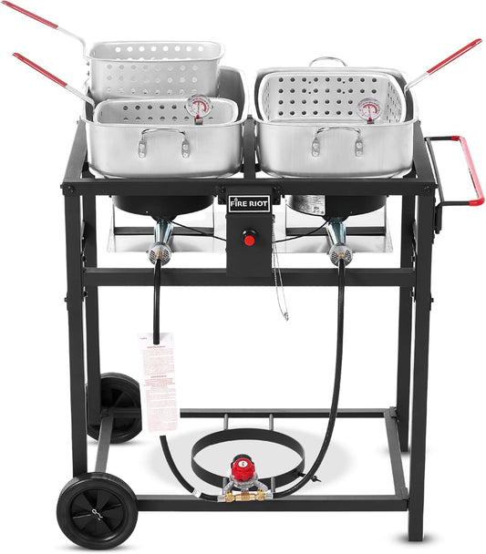 Deep Fryer with Double Burner Propane Stove Outdoor - 2-18QT Aluminum Pots & Frying Baskets- Perfect for fish fryers, Wings, Fries, Cajun Fry