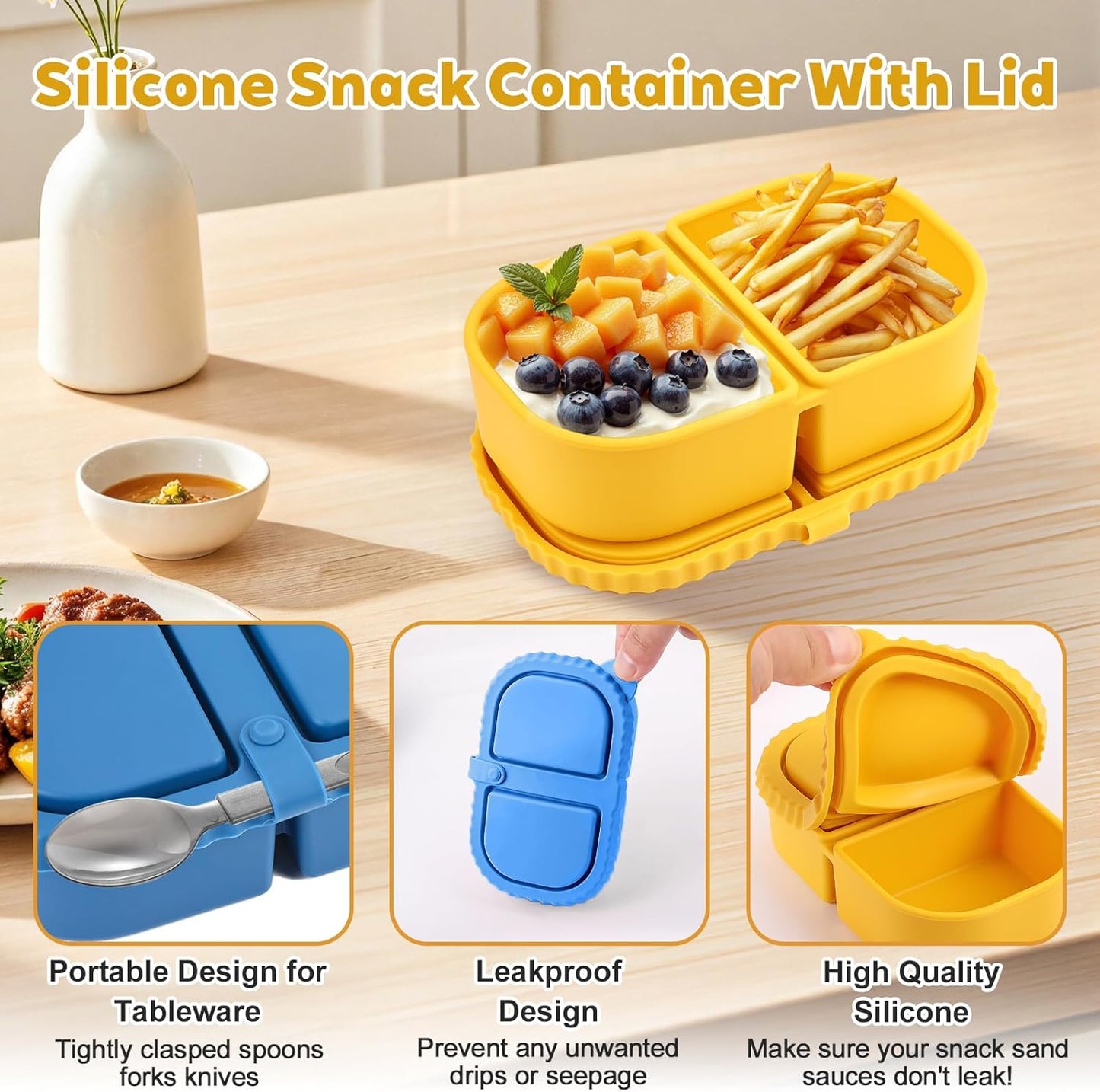 2/3/4Pack 8 oz Reusable Silicone Snack Containers with Lids, Mini Containers 2 Compartments Snackle Box for Kids & Adults, Portable Silicone Food Storage Box for Picnic, School, Office (8oz-2C-3Pcs)