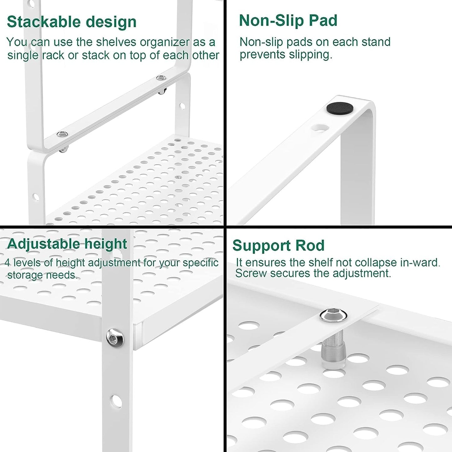 iPEGTOP 2 Pack Large Expandable Cabinet Storage Shelf, Heavy Duty Stackable Steel Metal Spice Rack Adjustable Height Home Office Pantry Garage Shelves for Counter Kitchen Organization, White