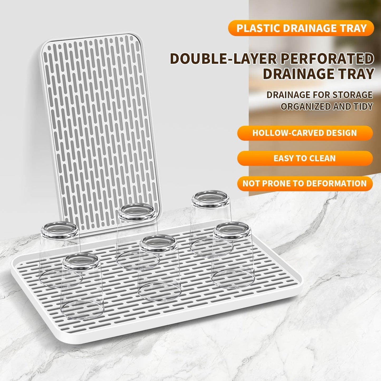 Plastics Drain Tray, Cup & Dish Drying Rack, Drain Board 2 Tier Non Slip Serving Tray with Drainboard Perfect for Sink, Coffee Table, Outdoor (15.4 x 10 x 0.98 in)