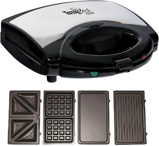 Total Chef 4 in1 Grill Waffle Maker - Sandwich, Panini Press Machine, Electric, Mini Belgium Waflera, Non-Stick Removable Plates, Easy To Clean Countertop Cooking Kitchen Appliance For Breakfast