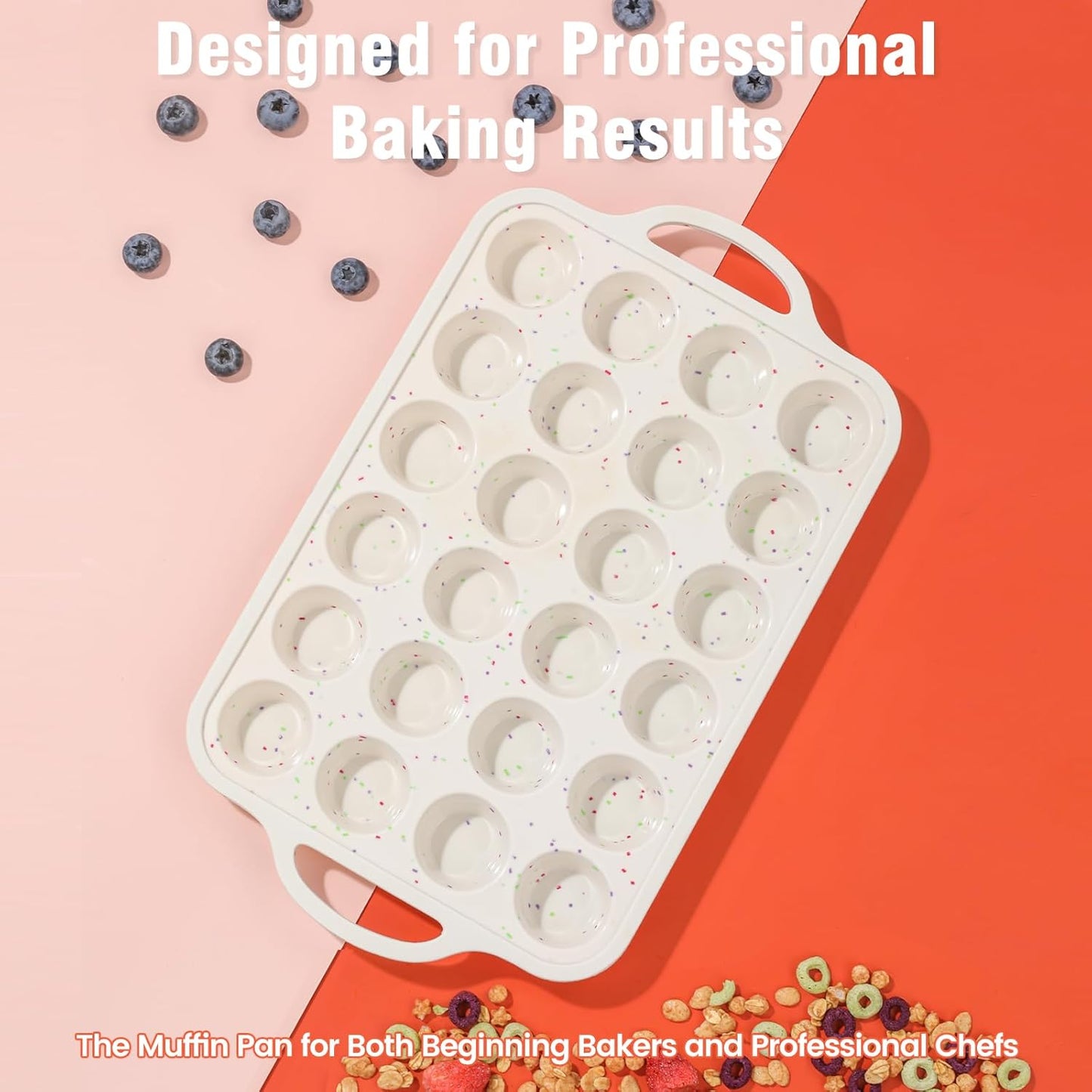 Silicone Mini Muffin Pan With Metal Reinforced Frame - 24 Cups Durable Silicone Cupcake Pan for Muffin, Cupcakes, BPA Free and Dishwasher Safe - 1 Piece Beige with Rainbow Spots