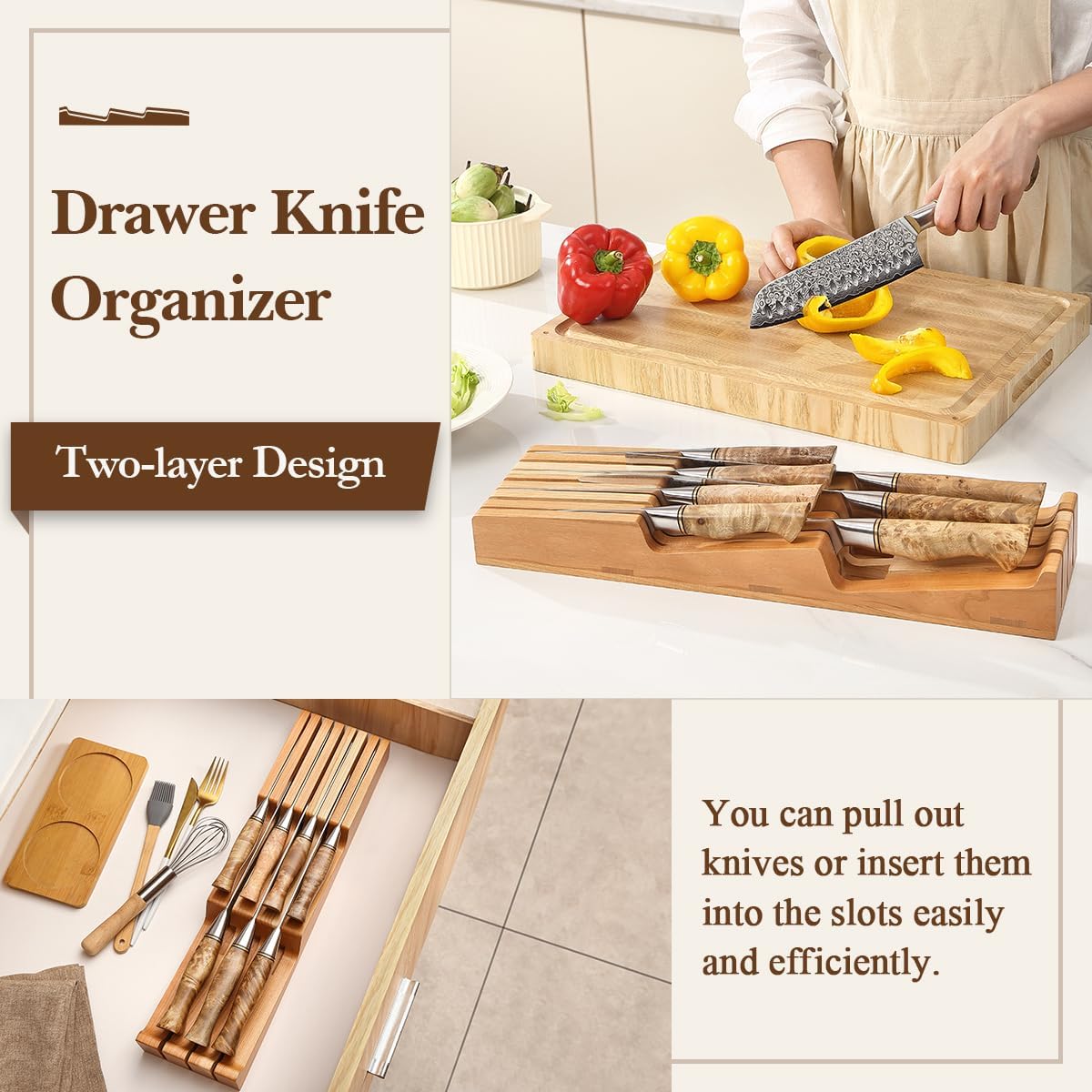 HEZHEN 7-slot Cherry Wood In-drawer Knife Tray,Kitchen Storage Organization Organizer Insert,Saves Countertop Space