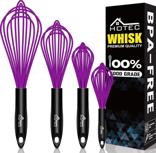 HOTEC 4 Pieces Silicone Whisks for Cooking, Wire Balloon Whisks Egg Beater, Non-slip Handle Whisk for Non-stick Cookware Perfect for Cooking, Stirring, Beating and Blending (Purple)