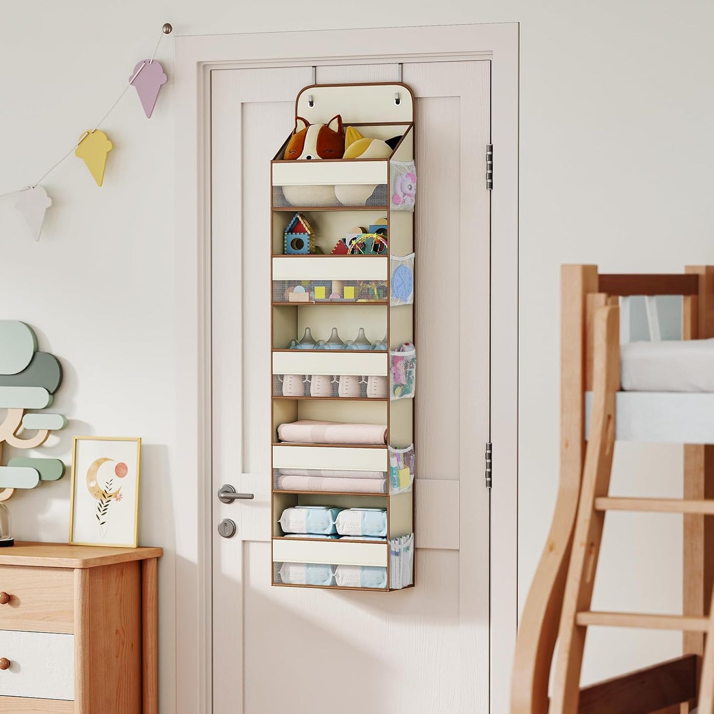 LAMU 1 Pack Over the Door Organizer Hanging with 5 Large Pockets and 10 Mesh Pockets, 44lb Over the Door Storage for Closet, Nursery and Bathroom, Behind the Door Storage with Clothes and Toys, Beige