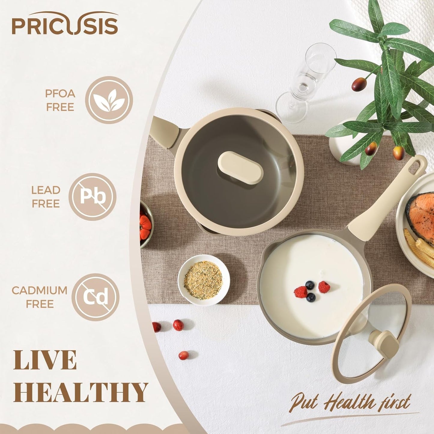 PRICUSIS Nonstick Saucepan Set with Lids, 2QT and 2.7QT Sauce Pan Set, Non Toxic Sauce Pots with Pour Spouts for Multipurpose Use, PFOA Free, Induction Compatible Apricot