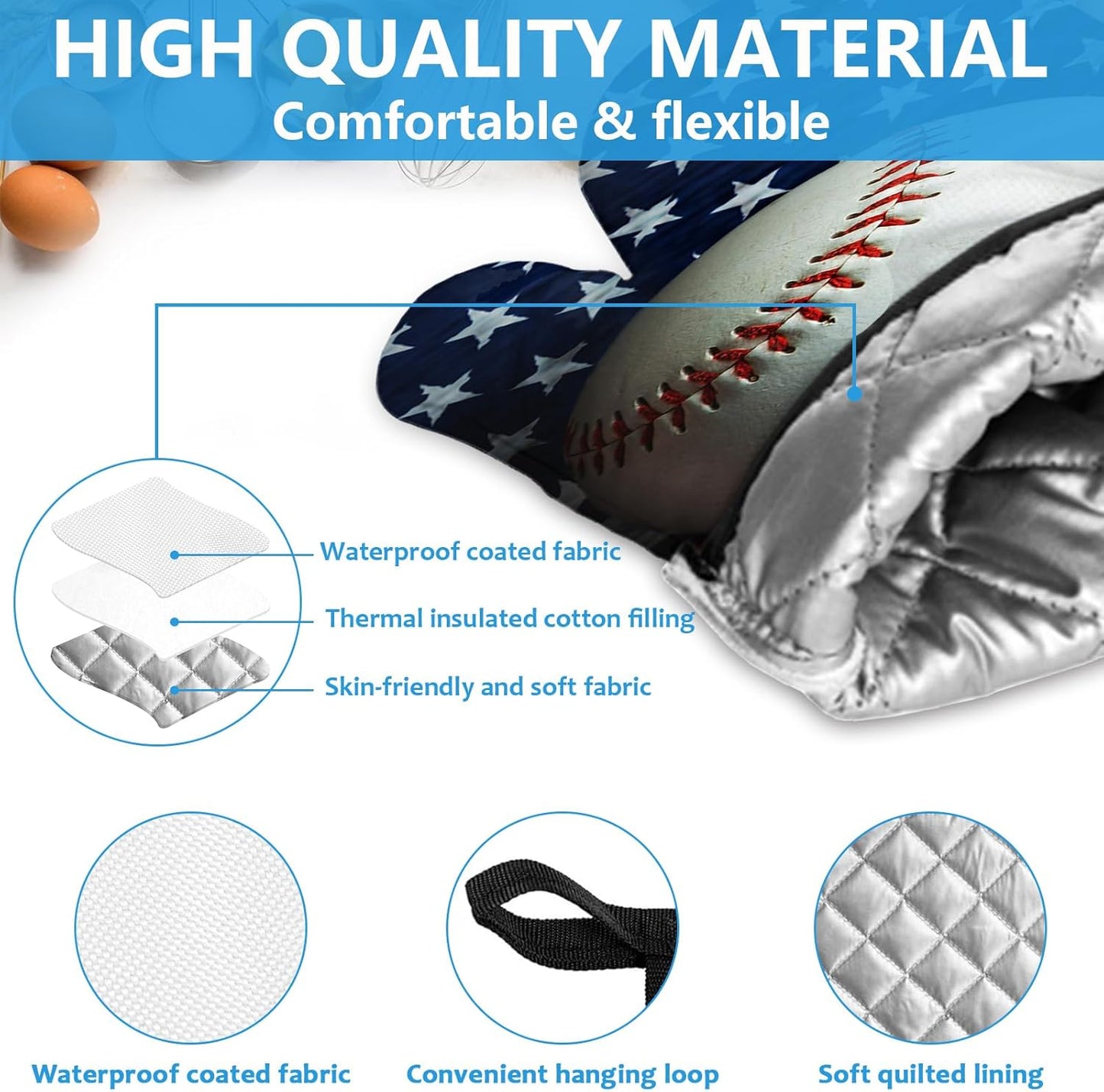 American Flag Baseball Oven Mitts and Pot Holders Sets Heat Resistant 4Pcs Potholders Oven Gloves Hot Pads for Kitchen Baking Cooking Grilling BBQ