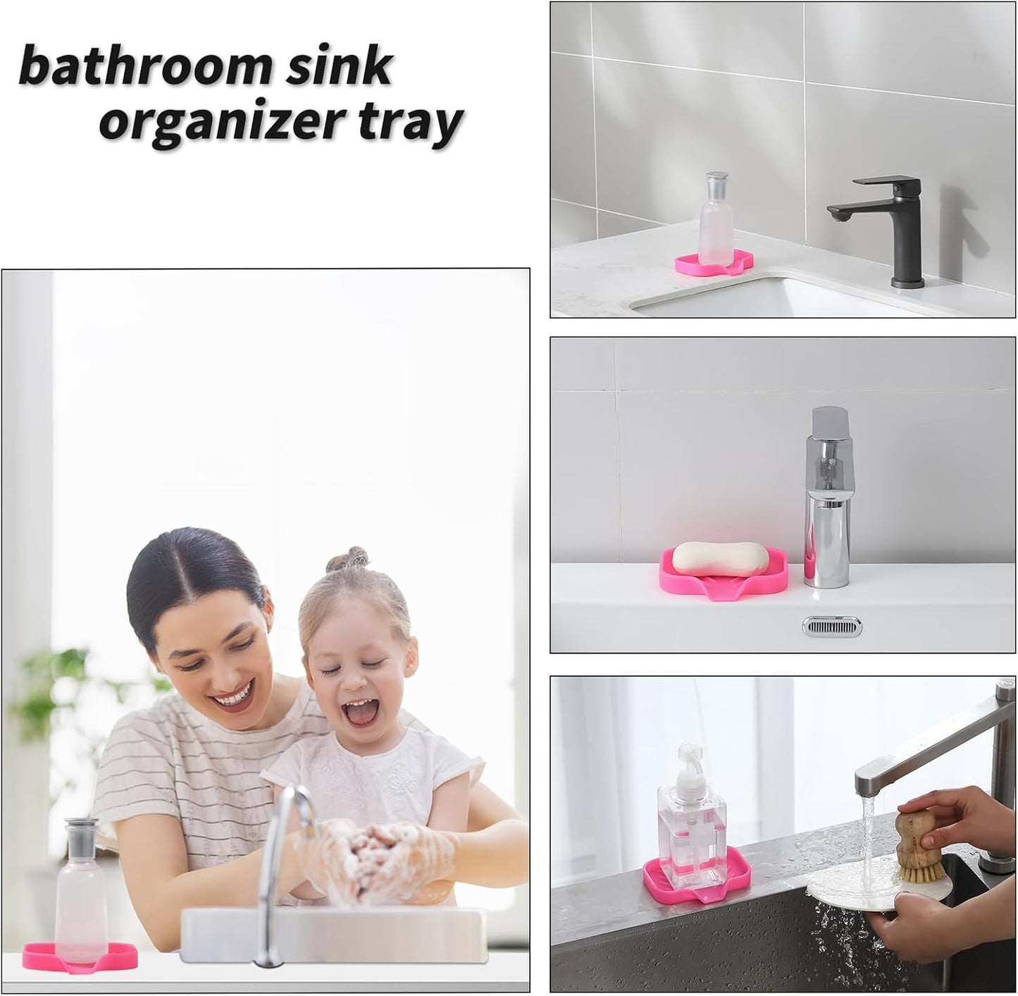 Silicone Bathroom Soap Dishes with Drain Spout-Bathroom and Kitchen Sink Organizer,Sponge Holder,Dish Soap Tray,Perfect for Dispenser,Scrubber,Bottle,Cup on Sink or Counter-Rose 4.9"×3.2"