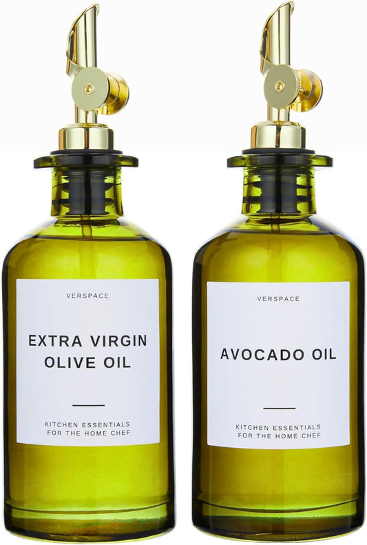 Green Glass Olive Oil Dispenser Bottle For Kitchen By Verpsace,Avocado Oil Dispenser Set, Modern Decor, Gold Kitchen Accessories for Home, Airbnb, Cafe (Gold, Set of 2)