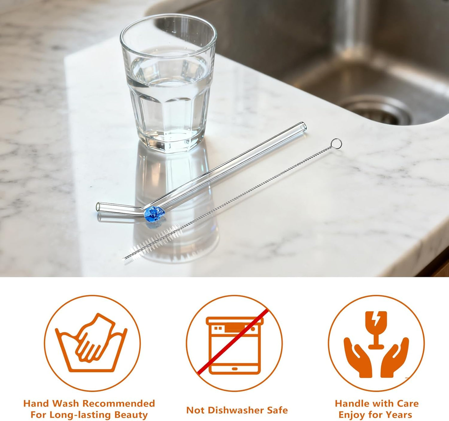 Reusable Halloween Straws with Charms - Skull Design, 9 Inch 8mm Skinny Bent Glass Straws for 16 oz Glass Cups - Cute Clear Drinking Straws for Iced Coffee, Cocktail & Milk Drinks