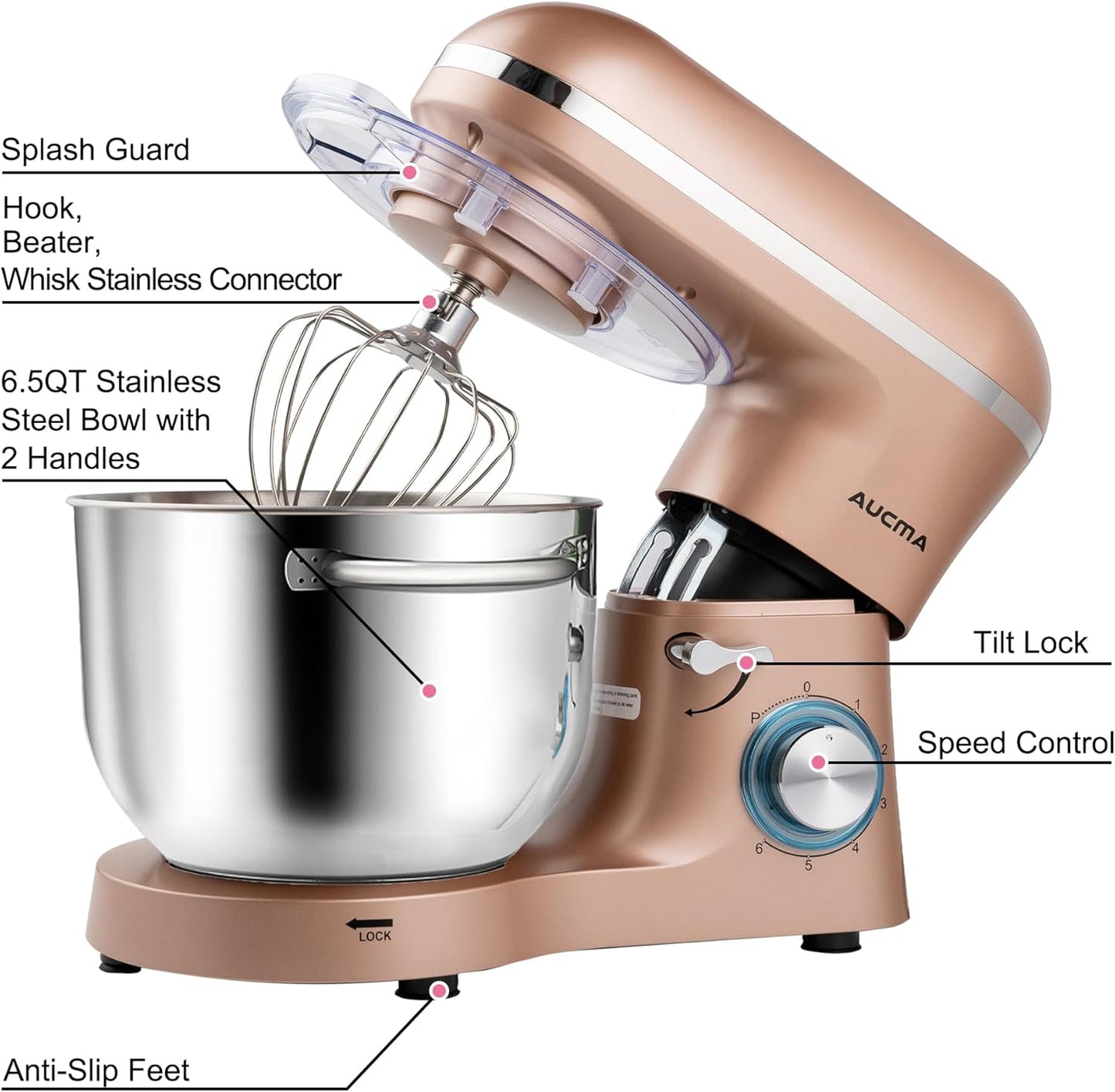 Aucma Stand Mixer,6.5-QT 660W 6-Speed Tilt-Head Food Mixer, Kitchen Electric Mixer with Dough Hook, Wire Whip & Beater (6.5QT, Champagne)