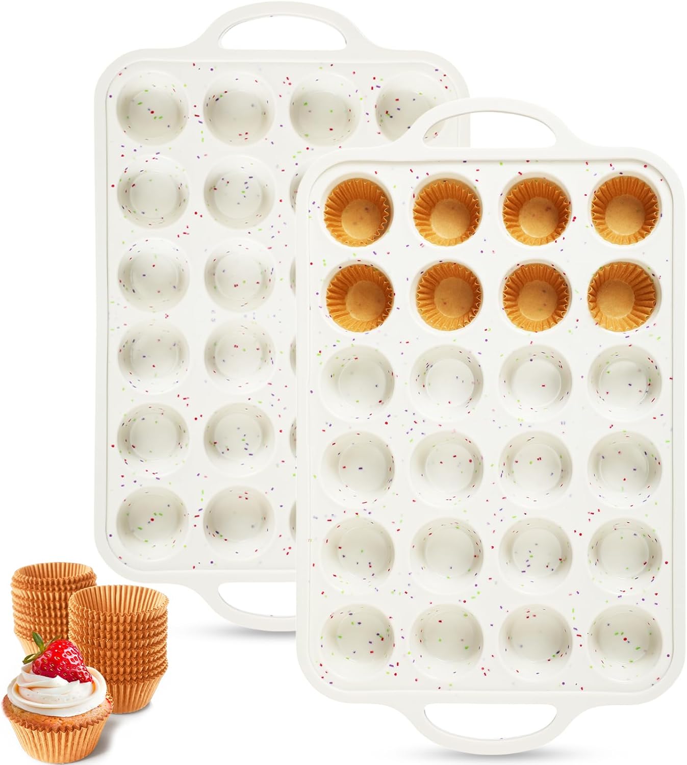 2 Silicone Muffin Pans for Baking with 200 Mini Cupcake Liners, Back to School 1st First Day of School Kitchen Dorm Room Bakeware Supplies, Muffin Tin(24-Cup Mini)