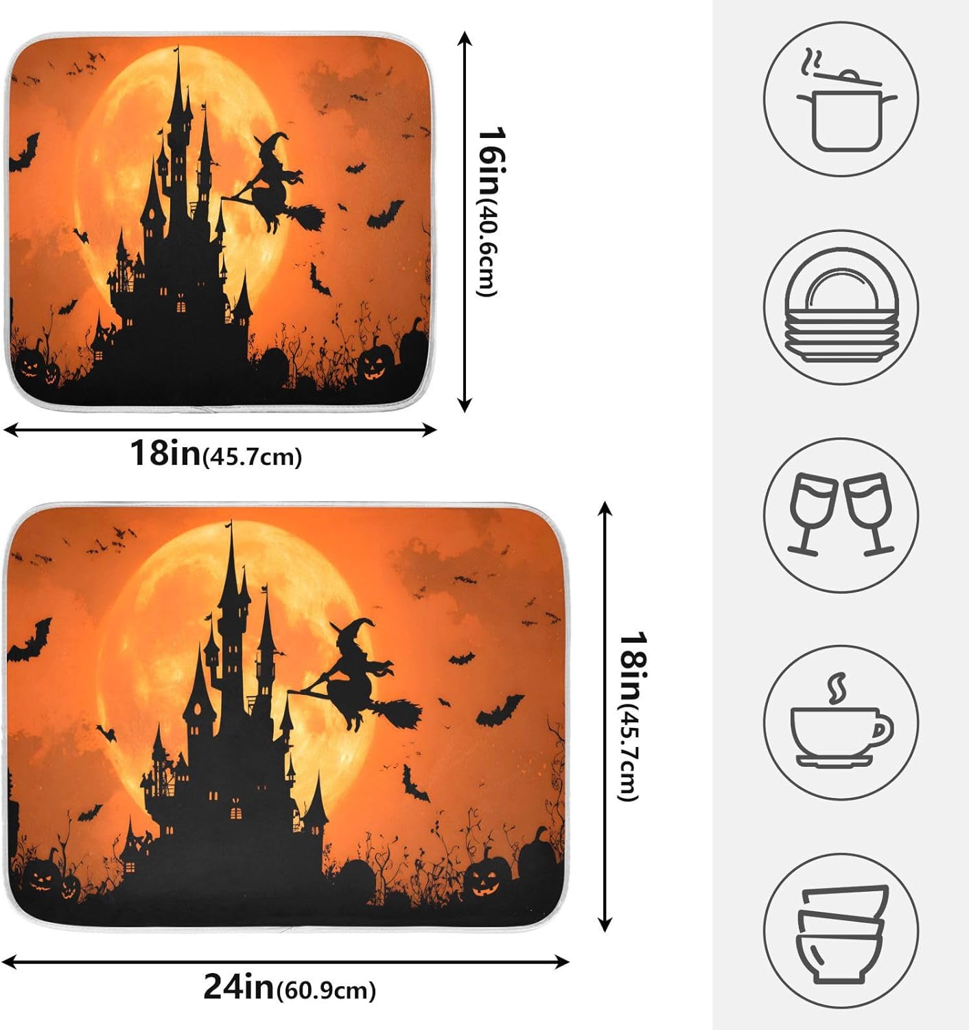 Halloween Witch Bat Castle Pumpkin Dish Drying Mat for Kitchen Counter Absorbent Microfiber Large Drying Pad Dish mats for Kitchen Countertops 18 x 24 Inch