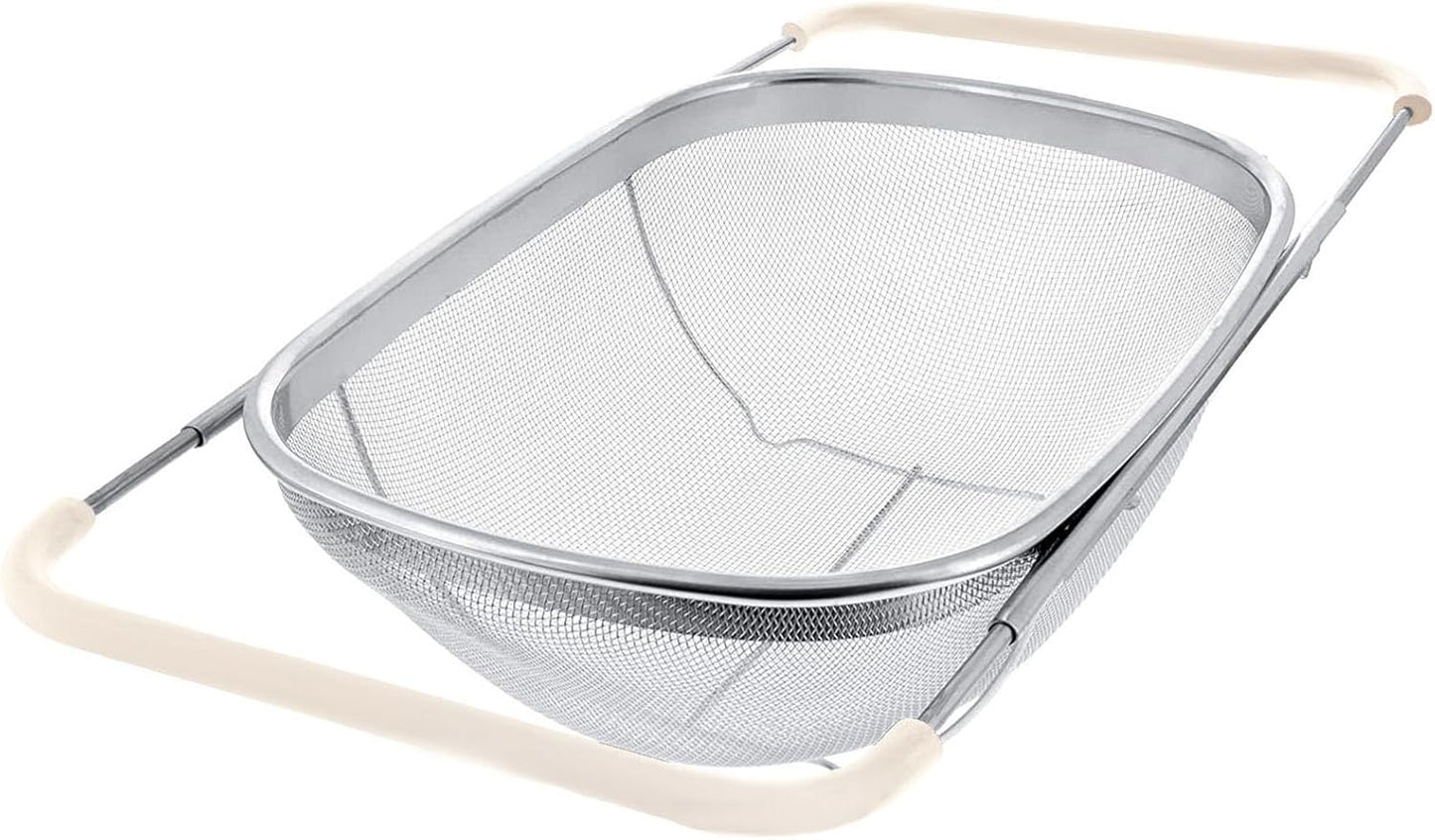 Over The Sink Colander, 6 Quarts Stainless Steel Oval Colander with Expandable Rubber Grip Handle, Fine Mesh Strainer Baskets Kitchen Colander for Strain, Drain, Rinse Vegetables, Fruits, Beige