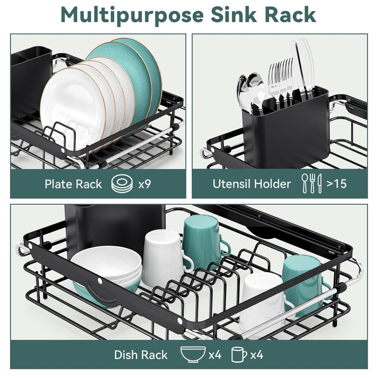 Over the Sink Dish Drying Rack,In Sink Dish Drying Racks,Expandable Dish Rack Over Sink Counter,Adjustable Dish Drainer for Inside Sink with Utensil Holder, Stainless Steel Dish Strainer Large Size