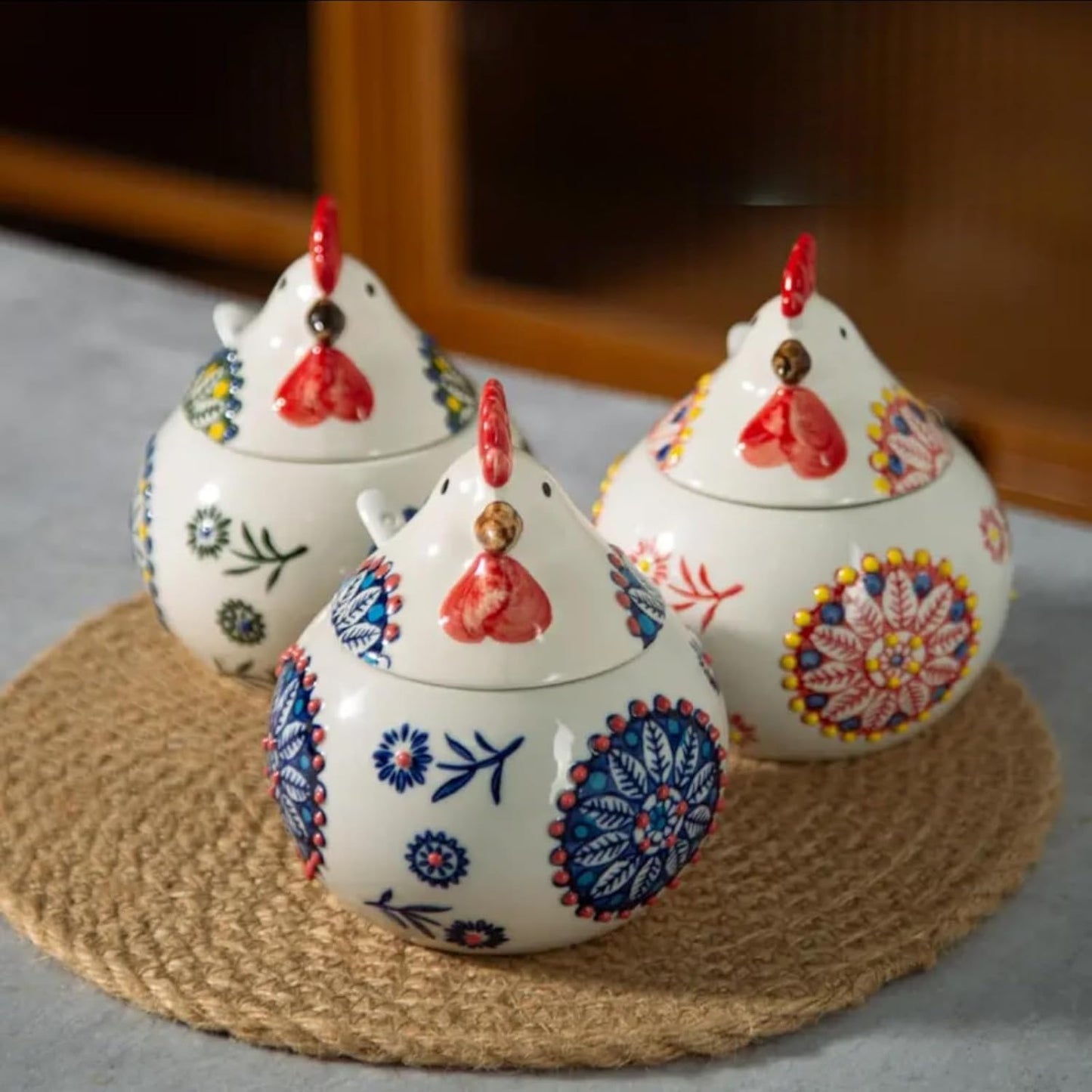 13.5 Oz Salt Cellar With Lid and Spoon (Red)- Ceramic Chicken Spice Jars for Salt, Sugar, Pepper - Spice Containers for Countertop