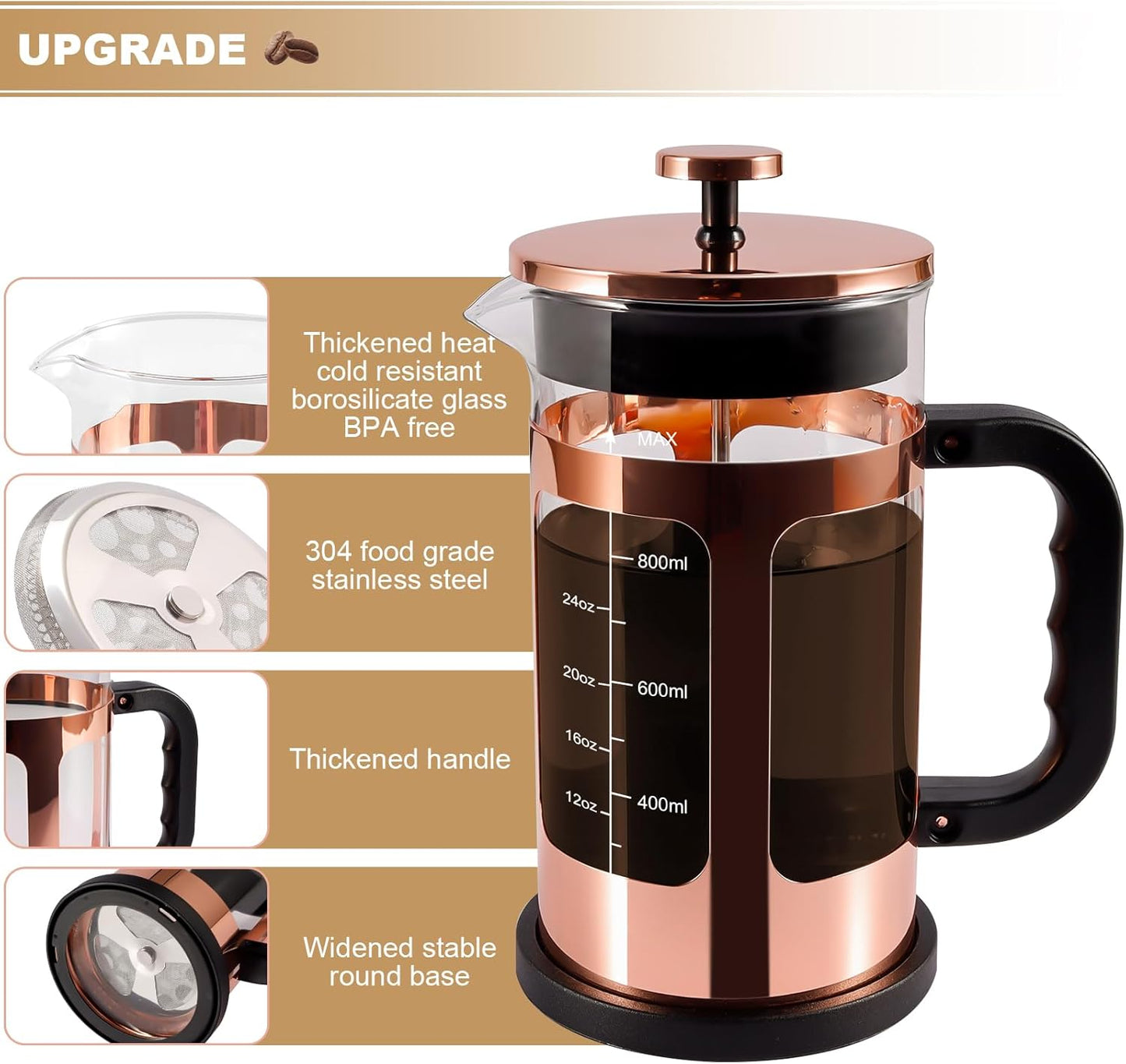 French Press Coffee Tea Maker， Upgrade Heat Cold Resistant Thickened Glass with 4 Level Stainless Steel Filtration System Brew Coffee & Tea， BPA Free, Large 1000ml 34oz,Rose Gold
