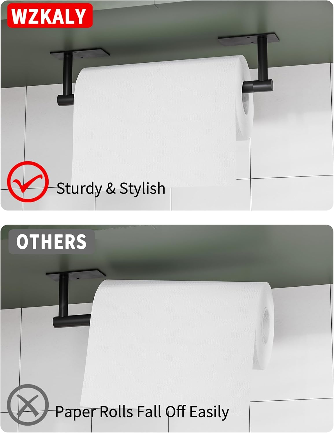 Paper Towel Holder Under Cabinet, Self Adhesive or Wall Mounted SUS304 Stainless Steel Paper Towel Holder for Kitchen, Bathroom(2 Towel Hooks, Matte Black)