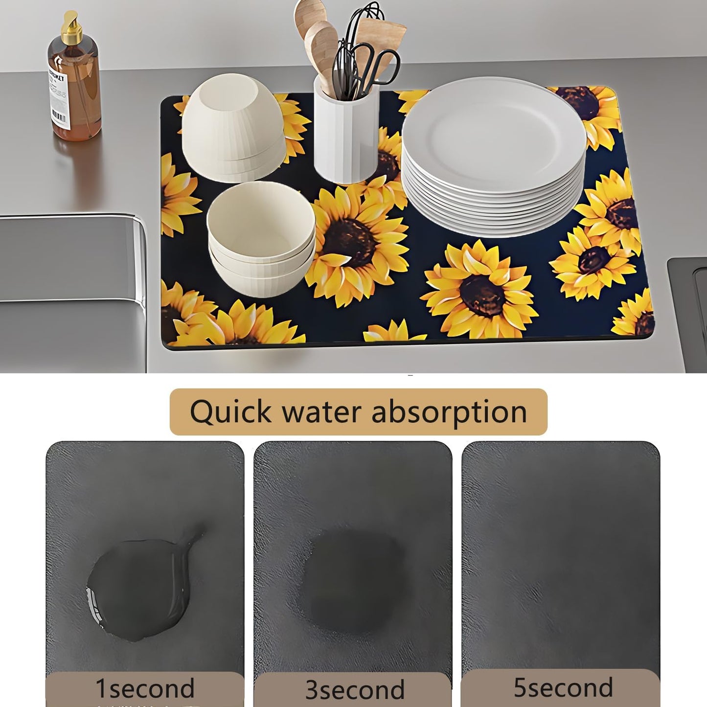 Dish Drying Mat Foldable Fall Kitchen Drying Mat Absorbent Sink Mat Multi-Purpose Coffee Pad Easy To Clean,Kitchen Gadgets,sunflower decor(sunflower) (16inches*20inches)